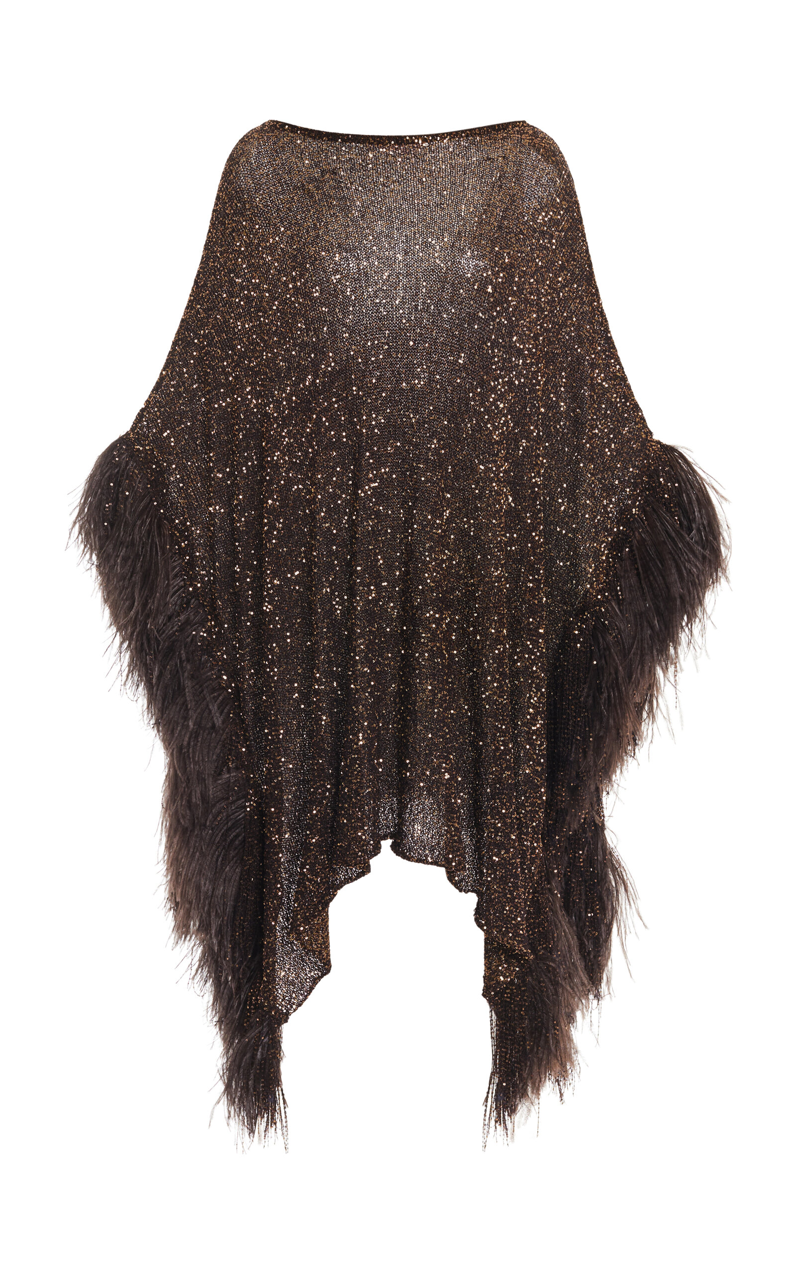 Shop Valentino Feather-trimmed Paillette Poncho In Brown