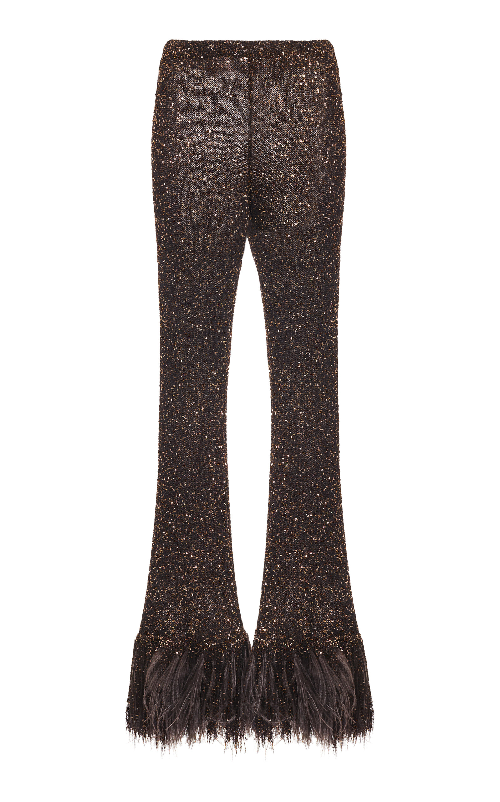 Shop Valentino Feather-trimmed Paillette Cropped Pants In Brown