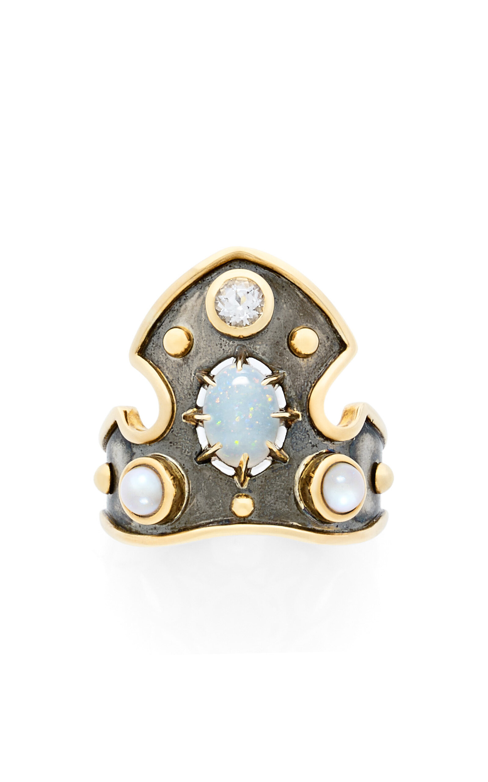 Elie Top Women's Blason 18K Yellow Gold; Distressed Silver Opal Ring