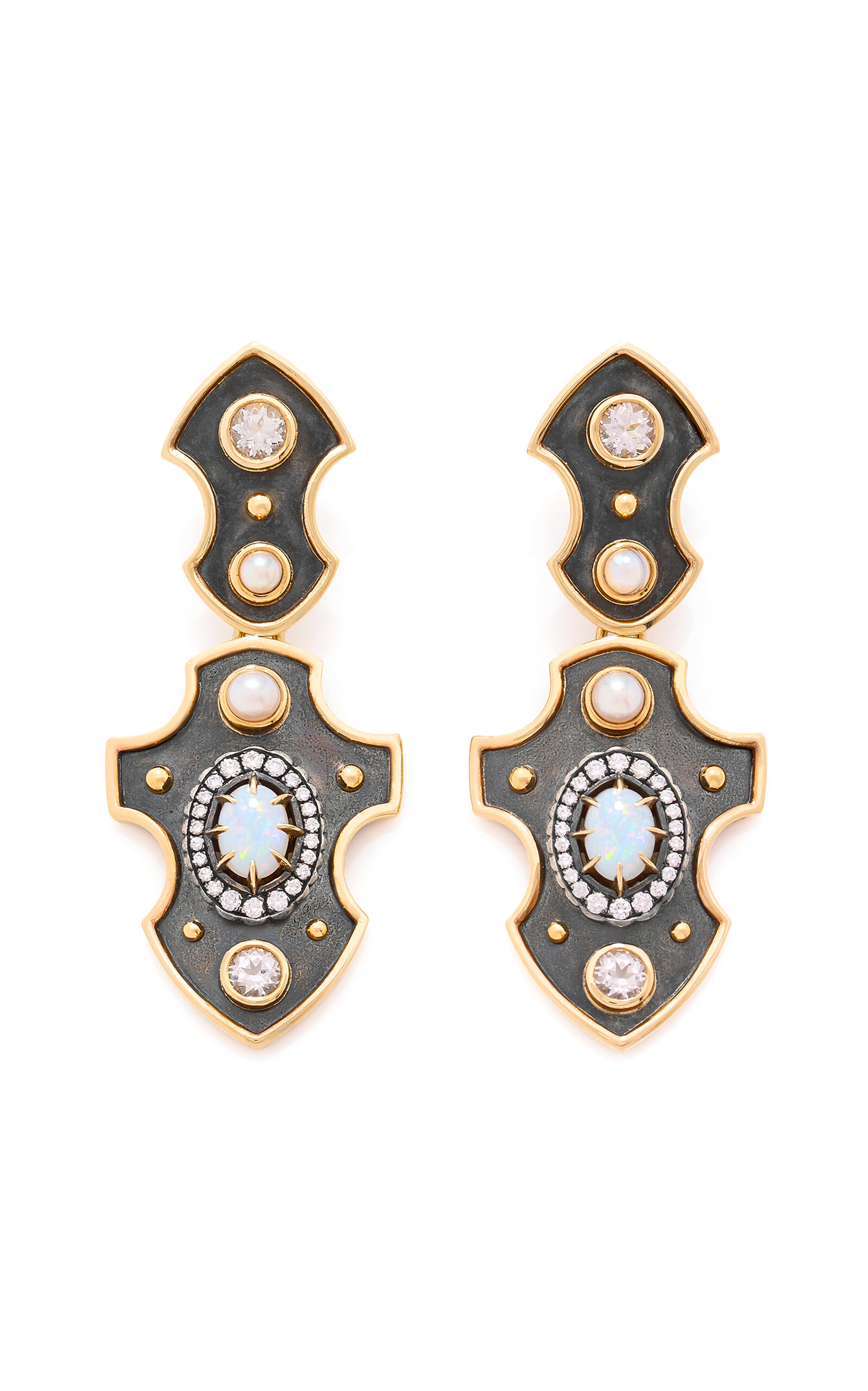 Blason 18K Yellow Gold; Distressed Silver Opal Earrings