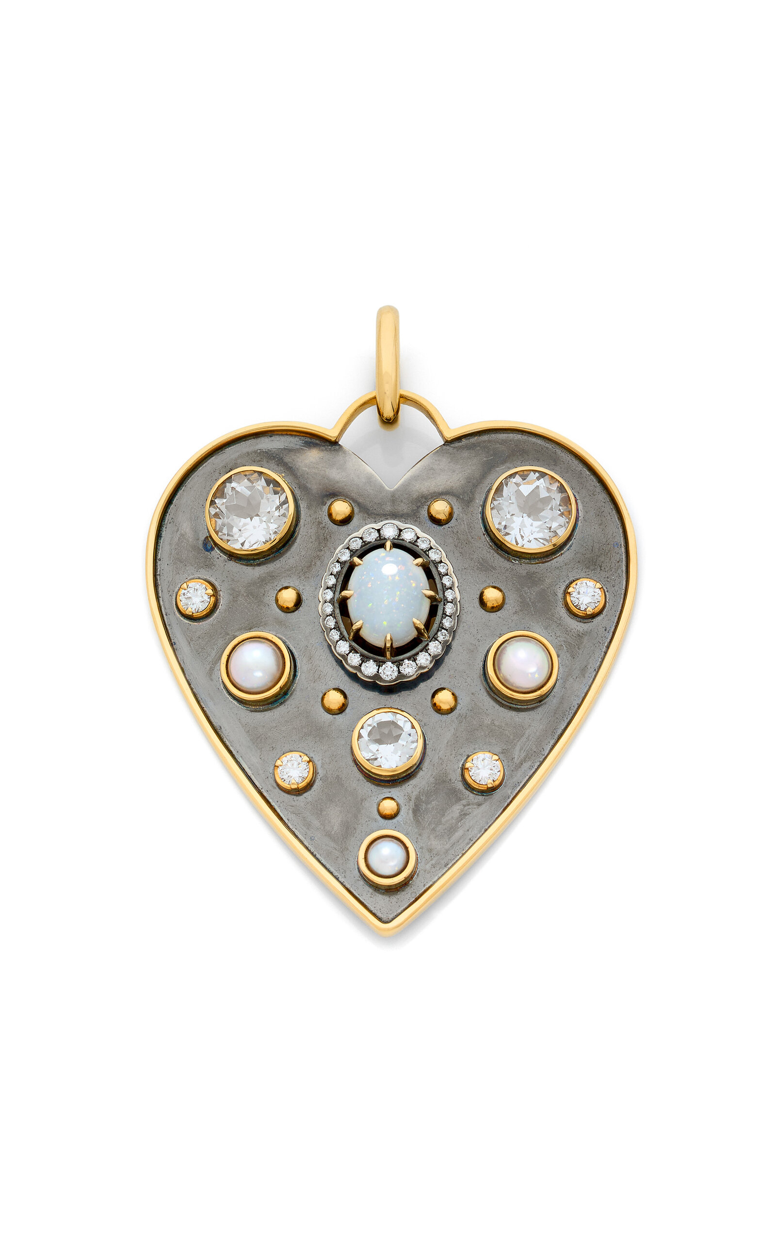 Elie Top La Dame Du Lac Grand Cœur 18k Yellow Gold; Distressed Silver Opal Charm In Multi