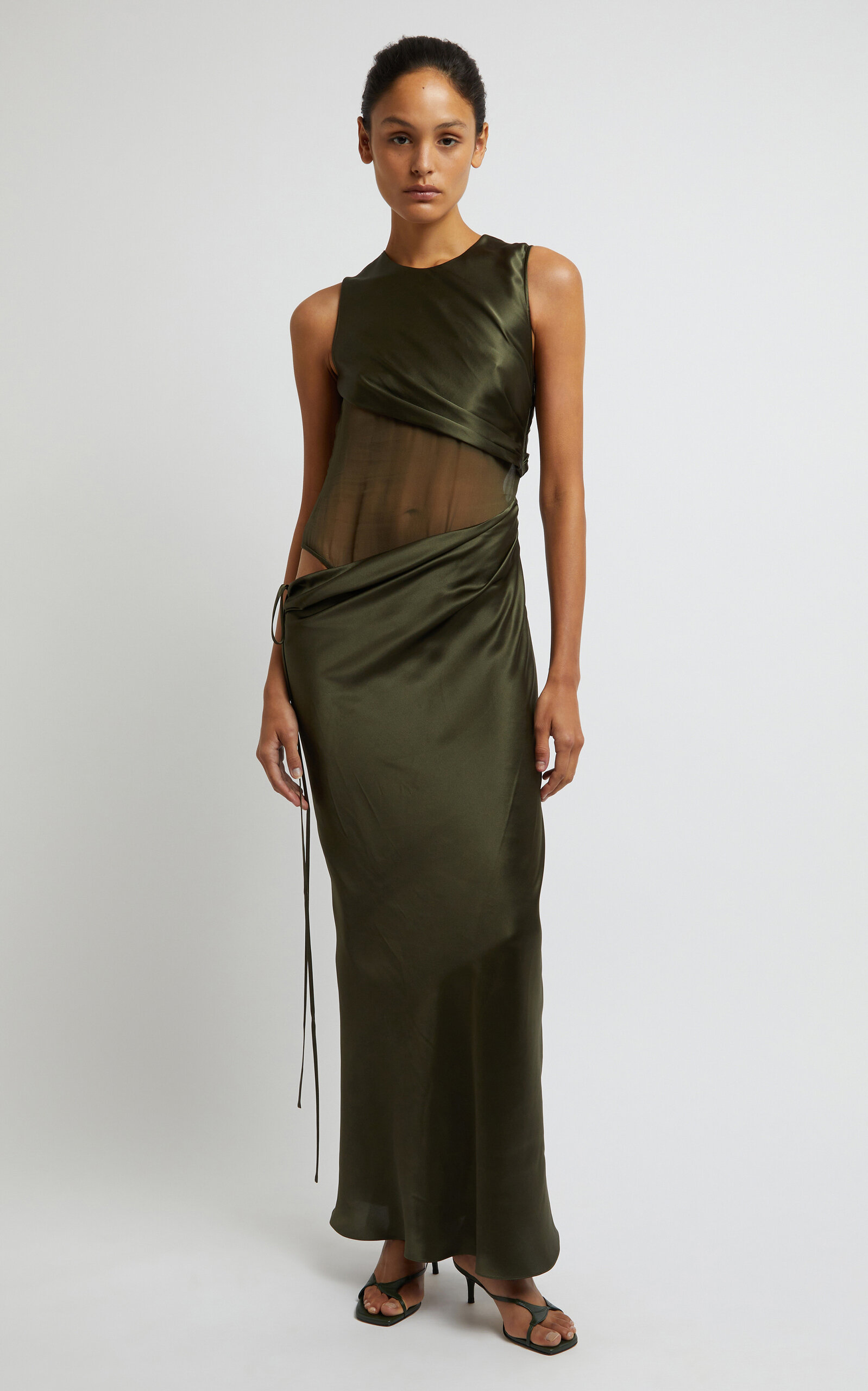 Christopher Esber Verdant Falls Sheer Torso Cutout Draped Maxi Dress In Green