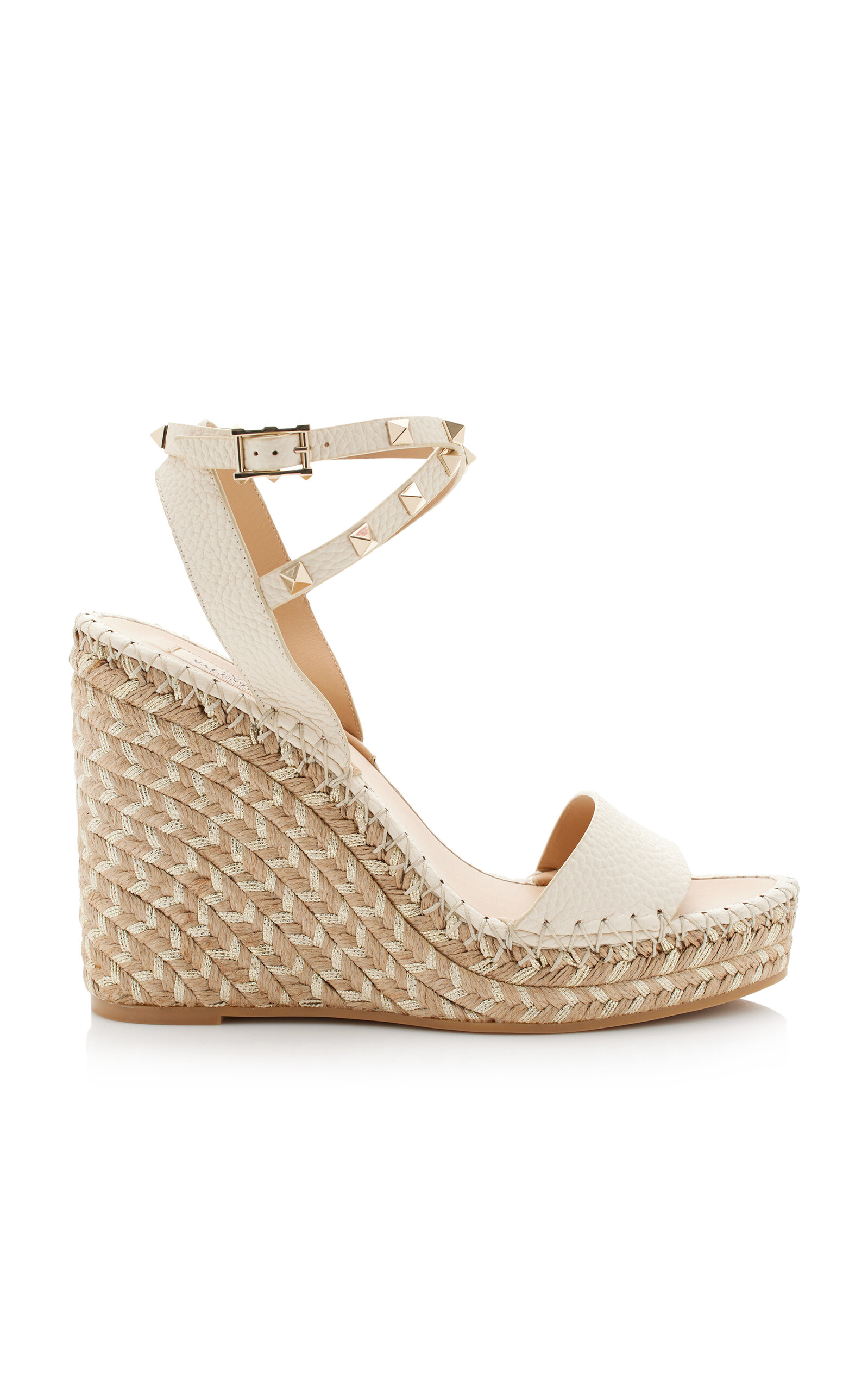 Valentino Garavani Rockstud Leather Espadrille Wedge Sandals In White