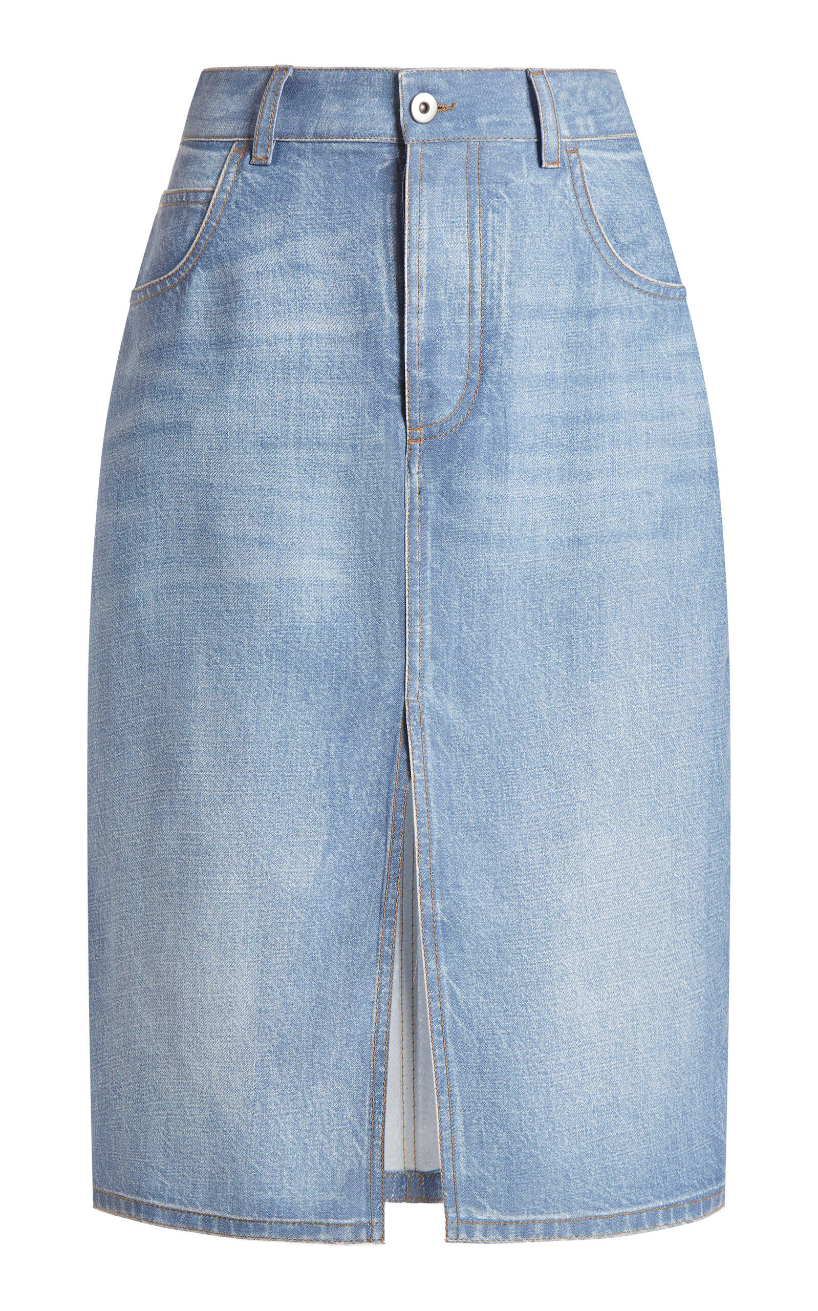 Shop Bottega Veneta Denim-printed Midi Skirt In Light Wash