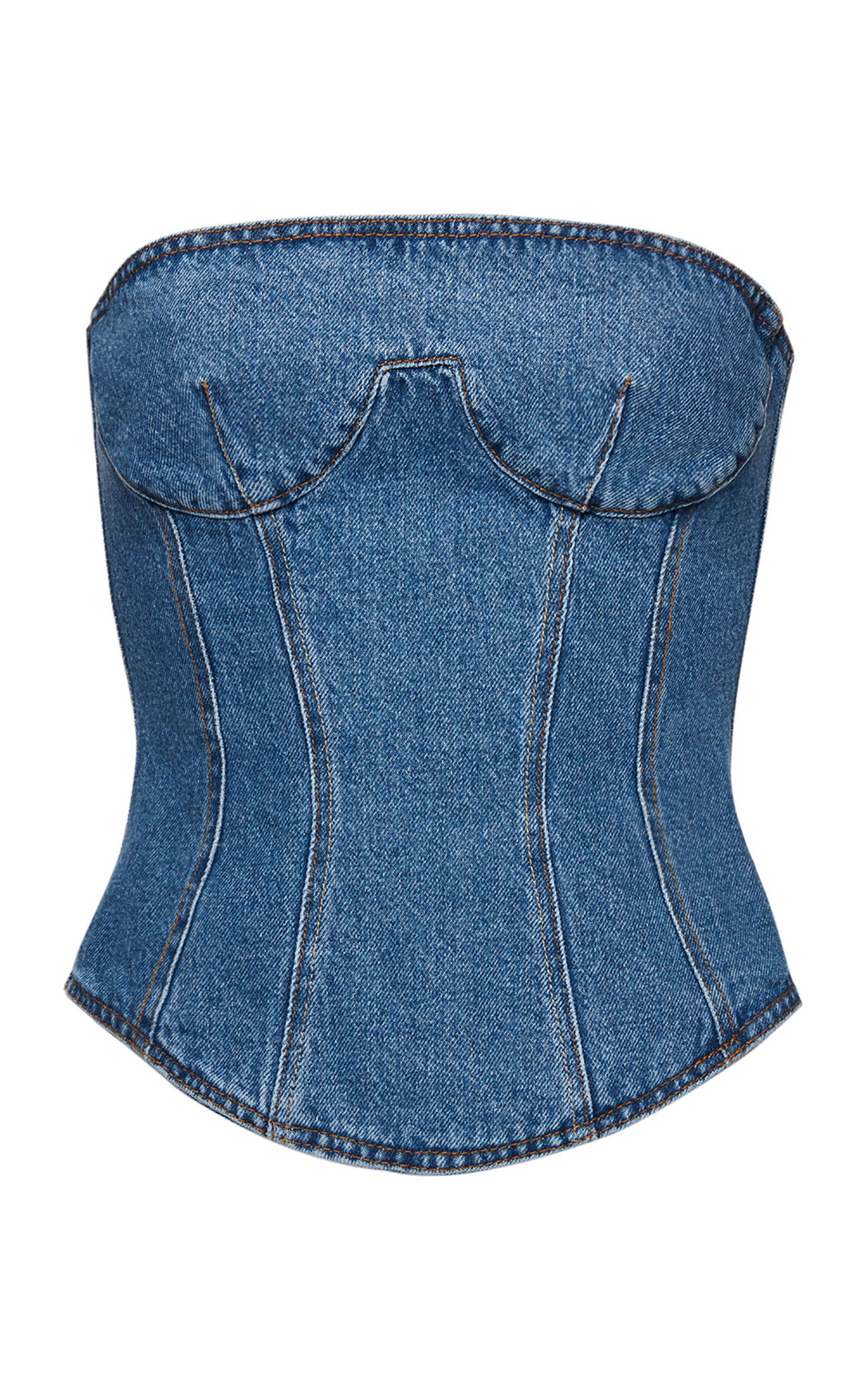 Magda Butrym Structured Denim Corset Top With Gathered Back In Medium Wash