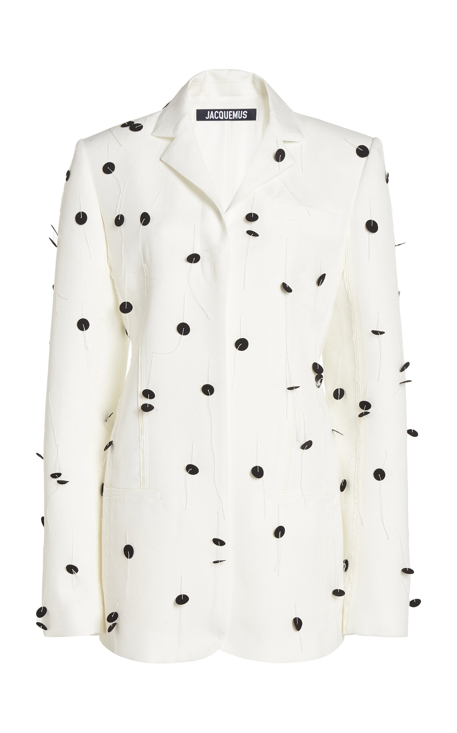 Jacquemus Le Veste Caraco Embroidered Polka Dot Belted Single Breasted Blazer In Black,white