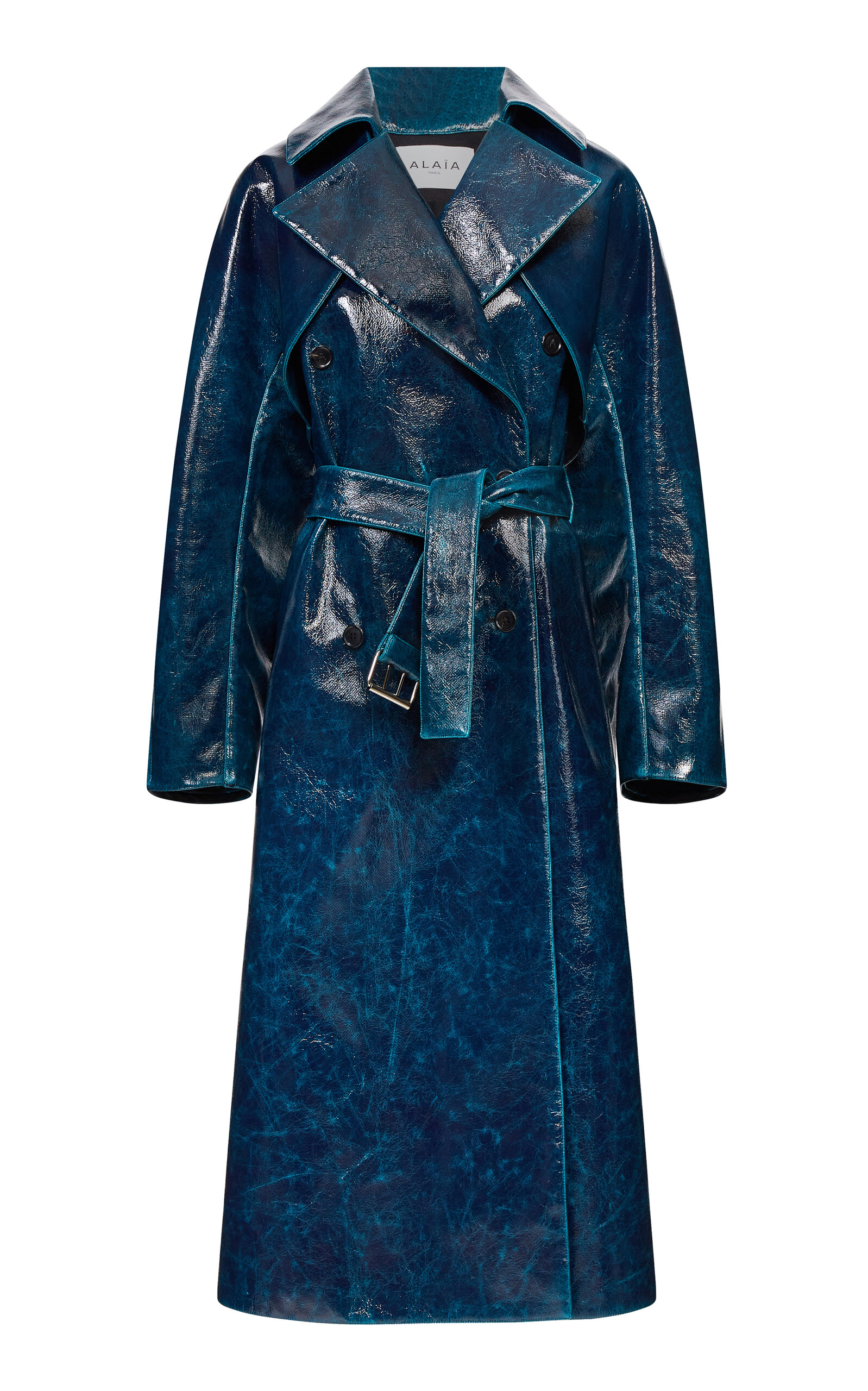 Alaïa Lacquered Wool-blend Trench Coat In Bleu Petrole