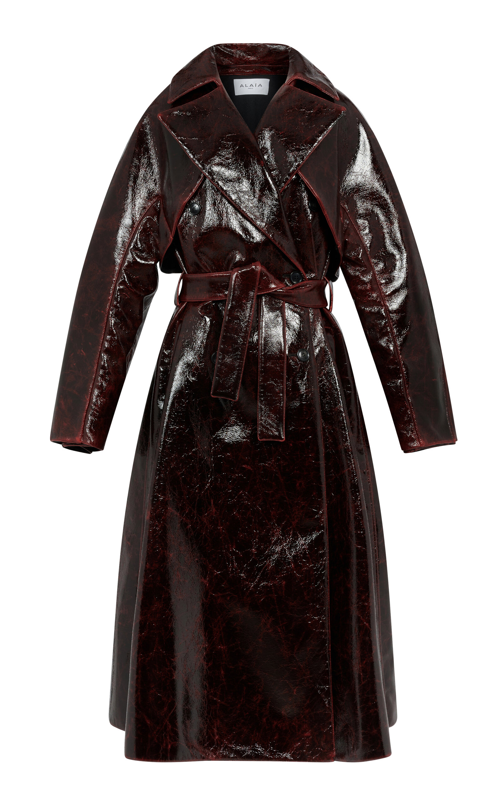 Alaïa Lacquered Wool-blend Trench Coat In Burgundy