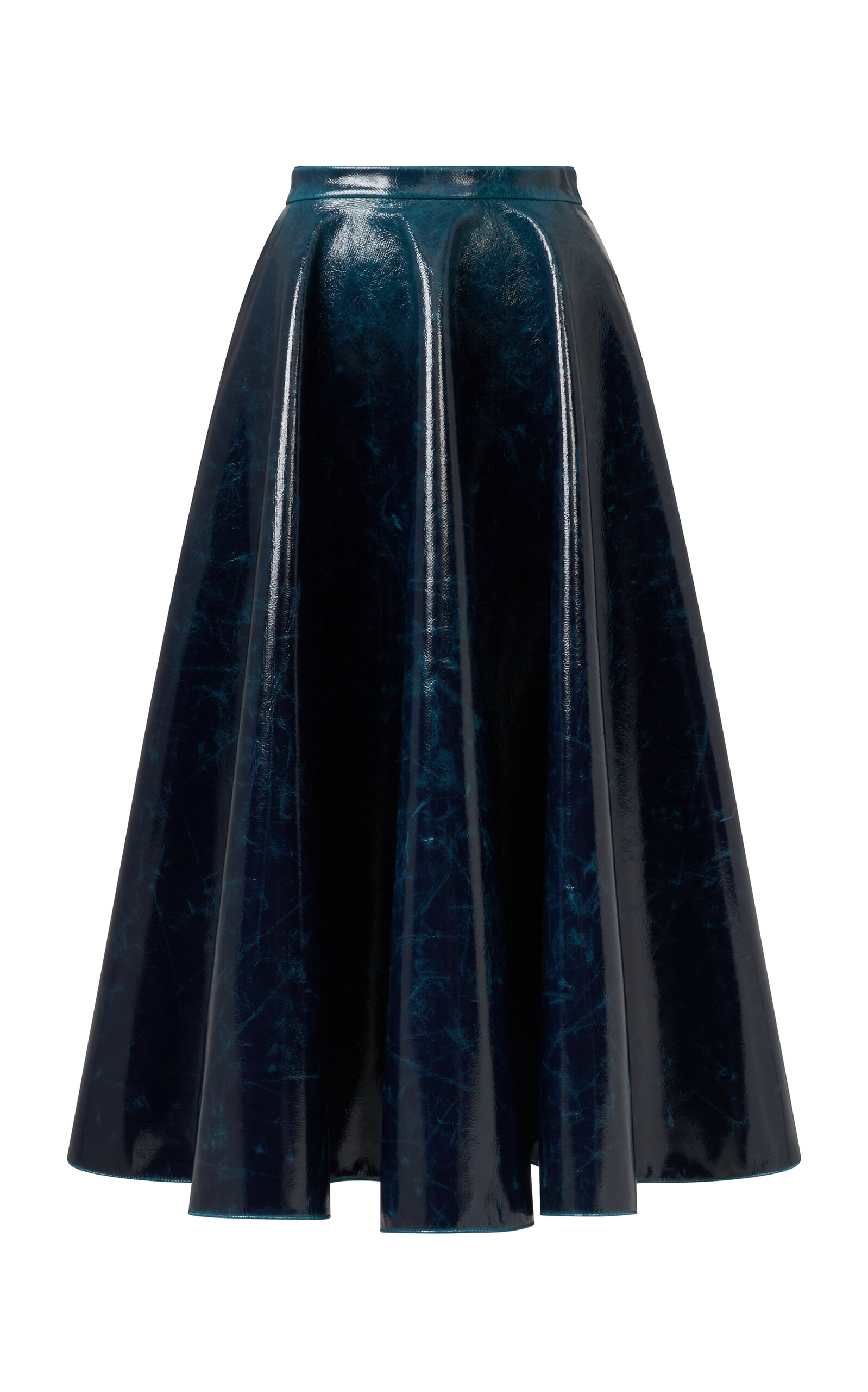 ALAÏA LACQUERED WOOL-BLEND A-LINE MIDI SKIRT