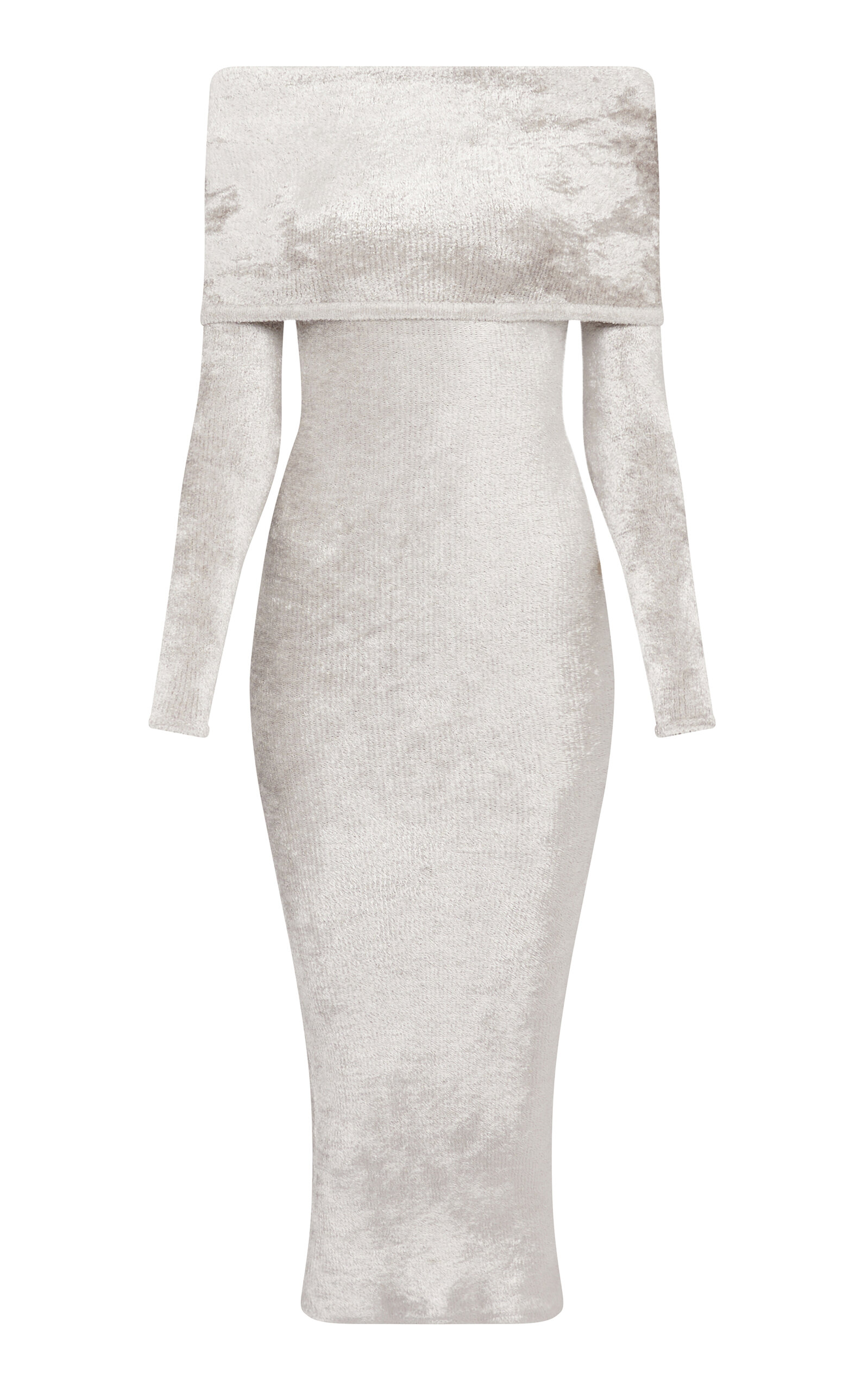 Alaïa Foldover Off-the-shoulder Fuzzy Knit Midi Dress In Argent