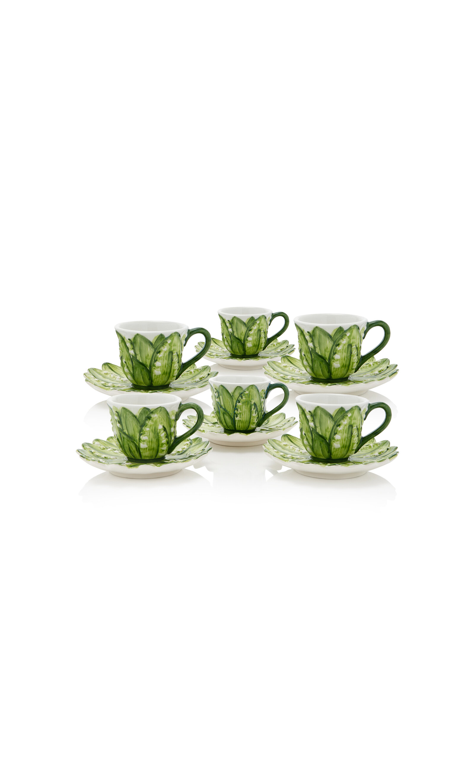 Moda Domus Set-of-six Hand-painted Lily Of The Valley Ceramic Espresso Cup And Saucer In Green