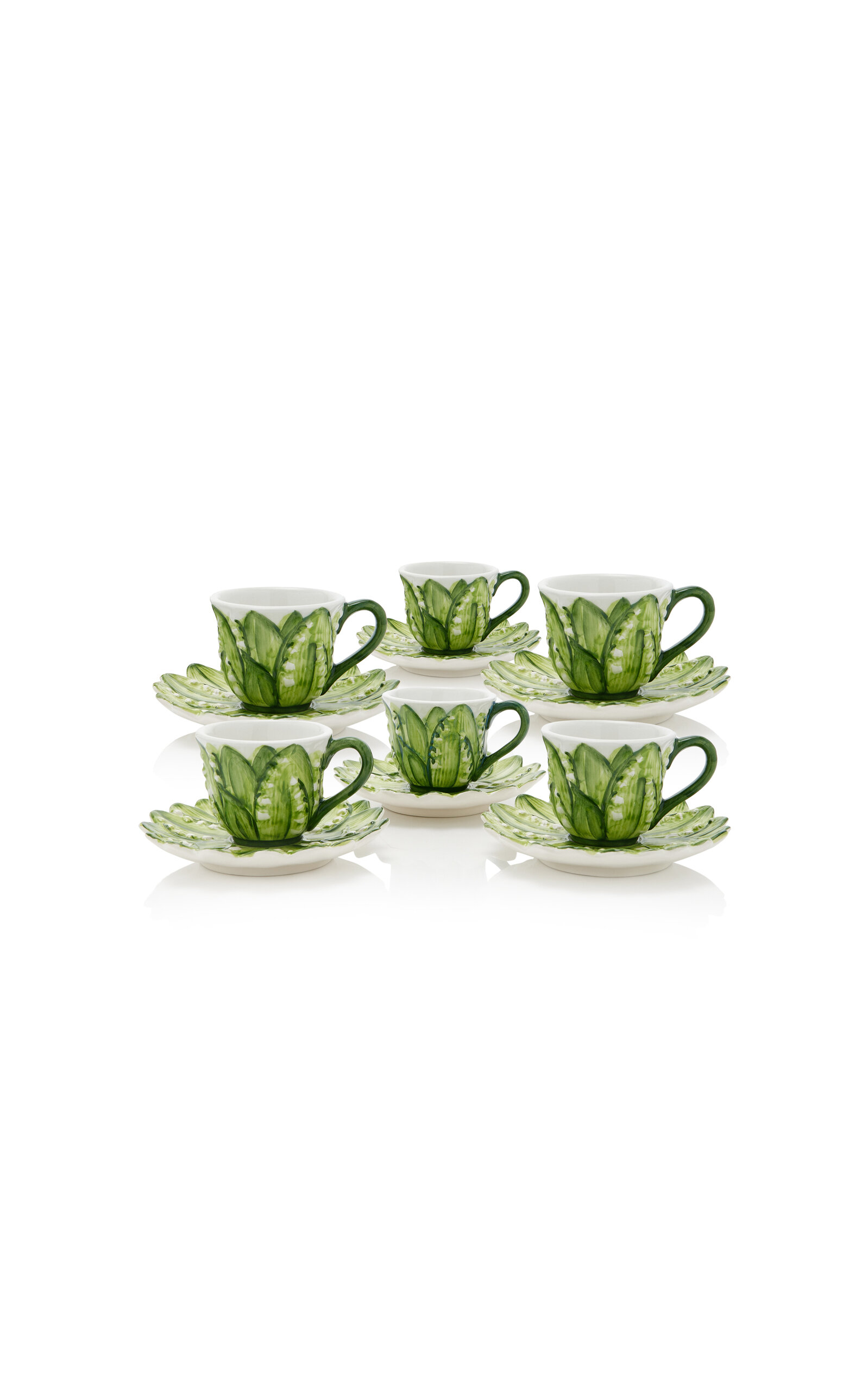 MODA DOMUS SET-OF-SIX HAND-PAINTED LILY OF THE VALLEY CERAMIC ESPRESSO CUP AND SAUCER