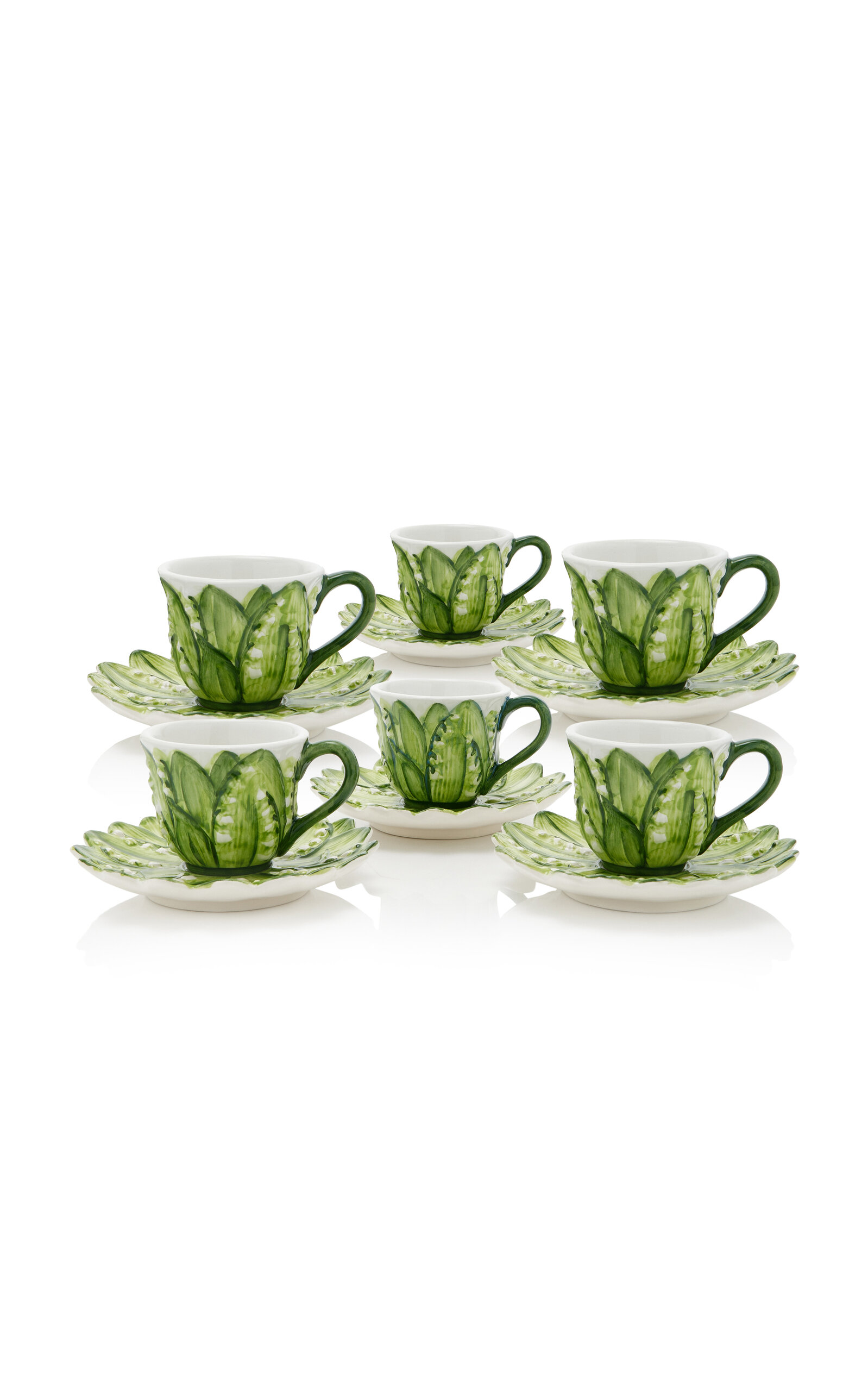 Moda Domus Set-of-six Lily Of The Valley Ceramic Tea Cup And Saucers In Green