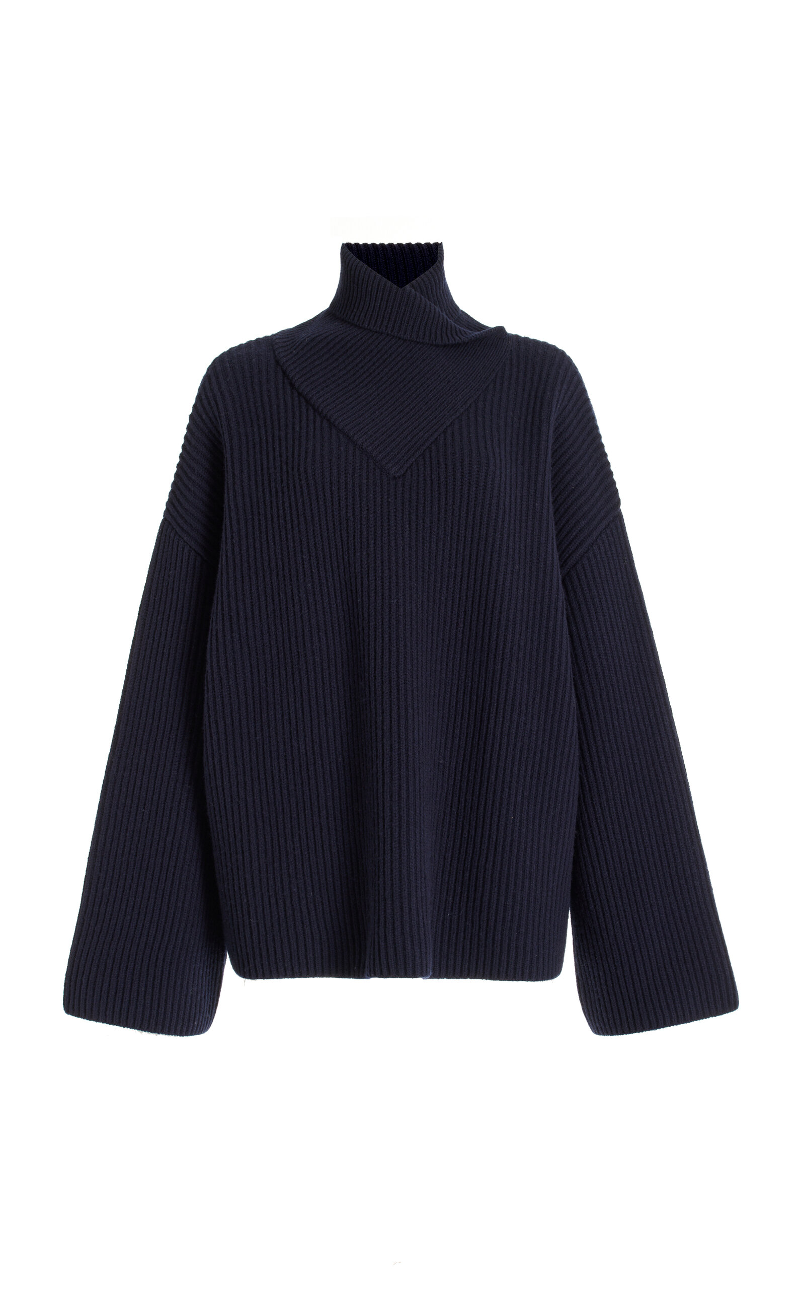 TOTÊME WRAPPED-NECK RIBBED-KNIT WOOL SWEATER