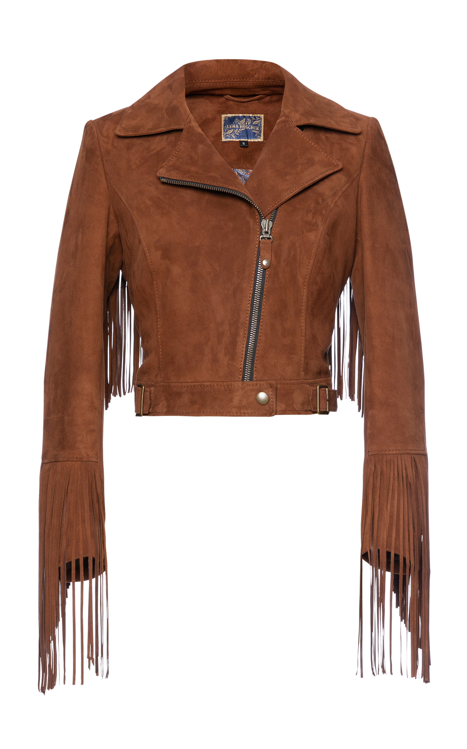 Lena Hoschek Beat Fringed Suede Moto Jacket In Tan