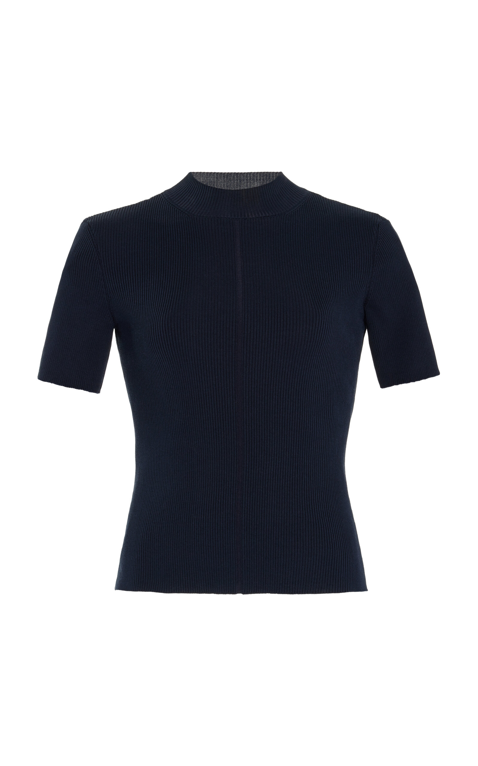 Shop Oscar De La Renta Ribbed-knit Stretch-silk T-shirt In Navy