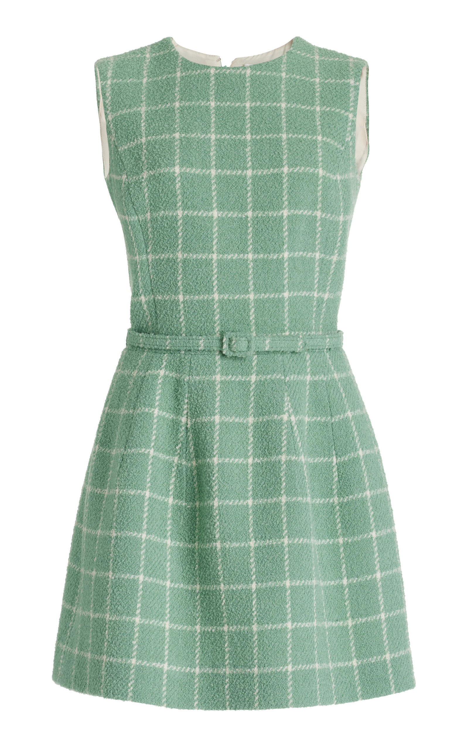Oscar de la Renta Windowpane Plaid Belted Bouclé Tweed Dress