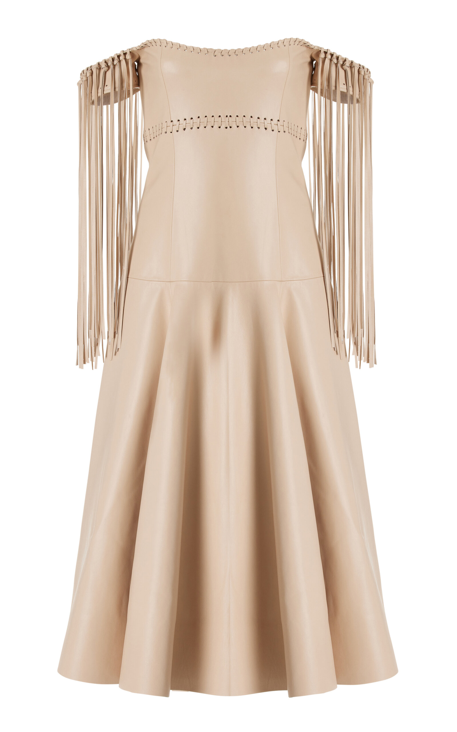 Oscar De La Renta Fringed Leather Midi Dress In Ivory | ModeSens