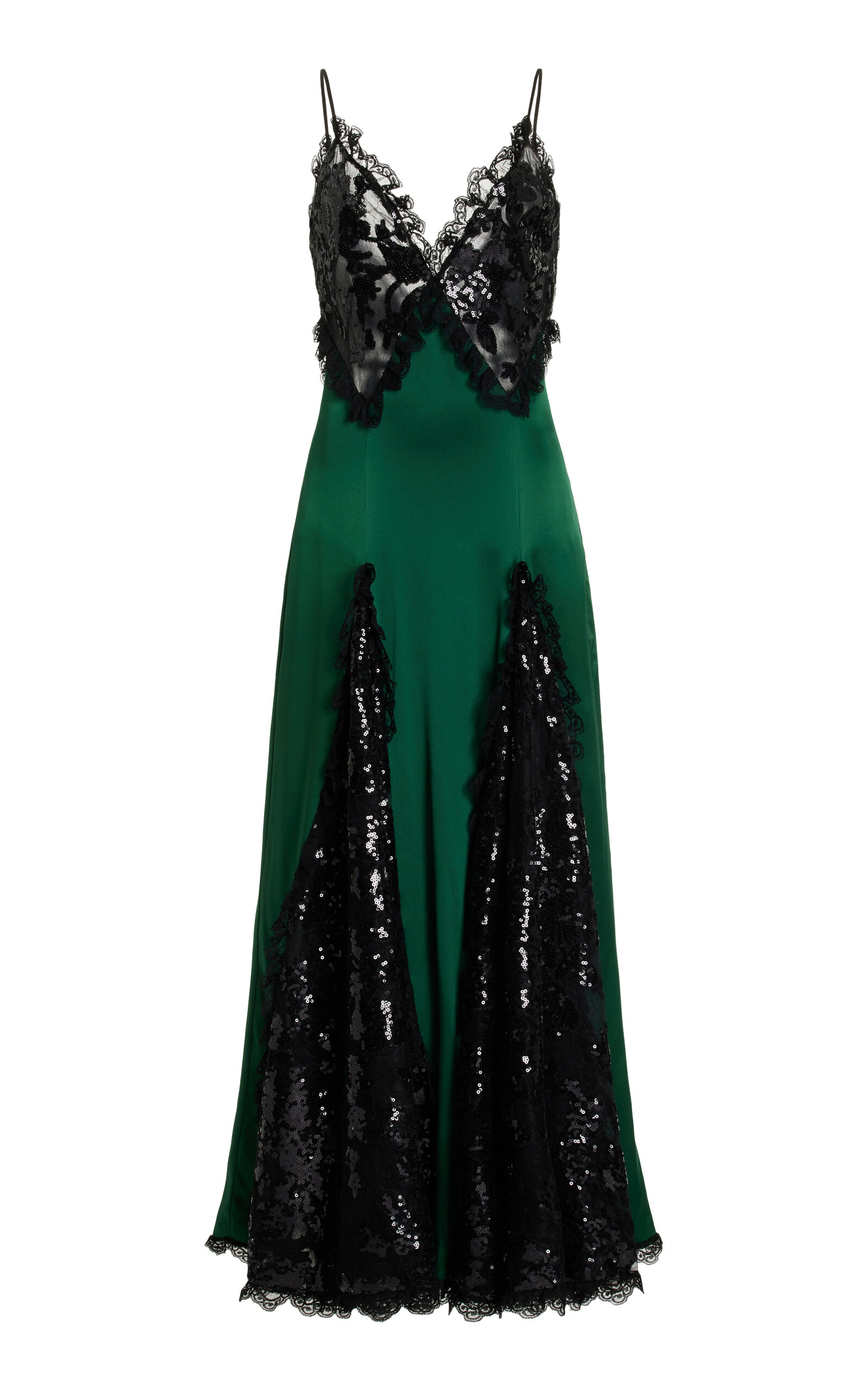 Rodarte Ruffled Silk Satin And Lace Maxi Dress In Green | ModeSens