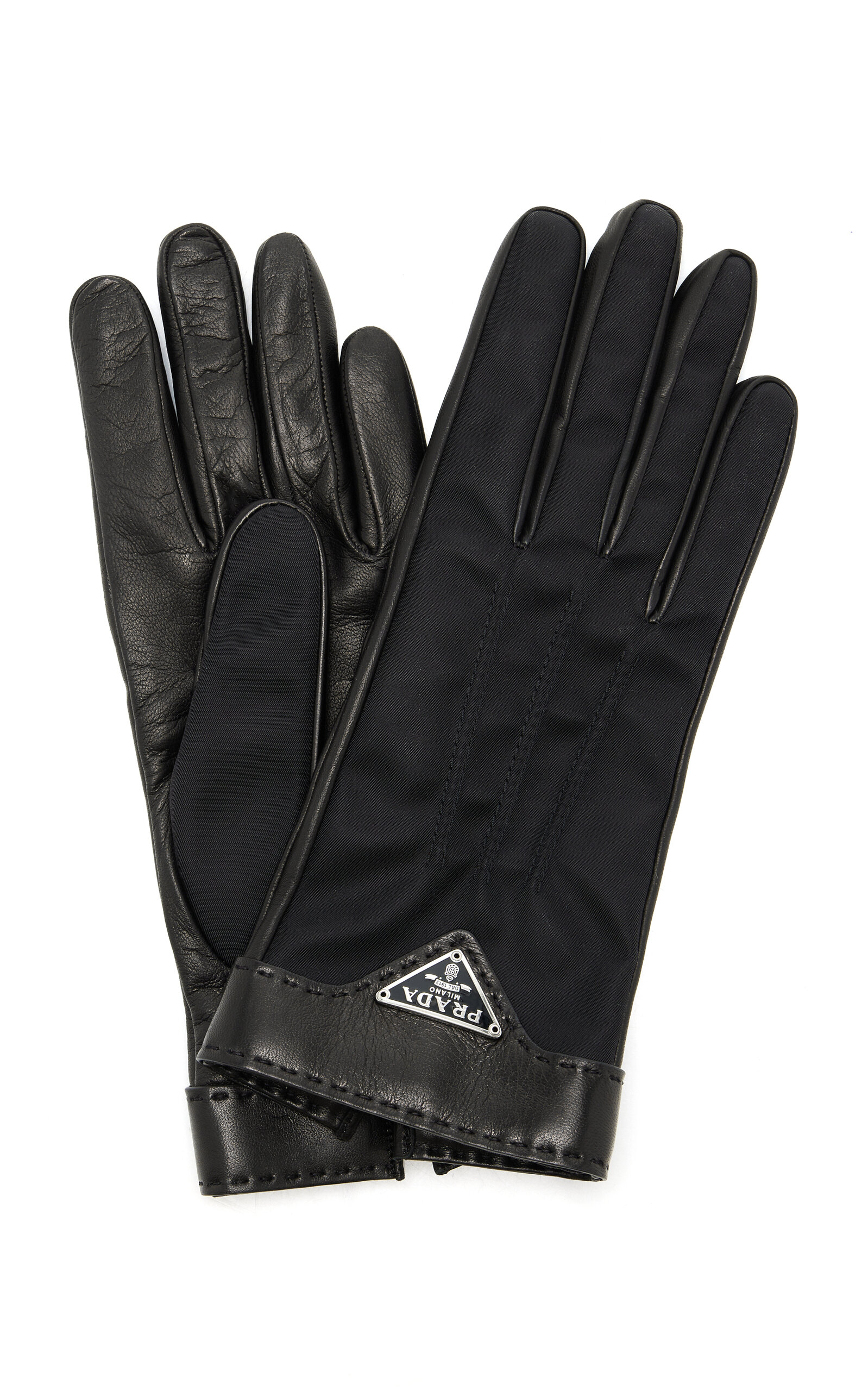 Prada Re-nylon-trimmed Leather Gloves In Black