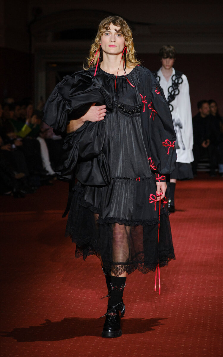 Simone Rocha Embellished Satin-cotton Patchwork Midi Dress In Black
