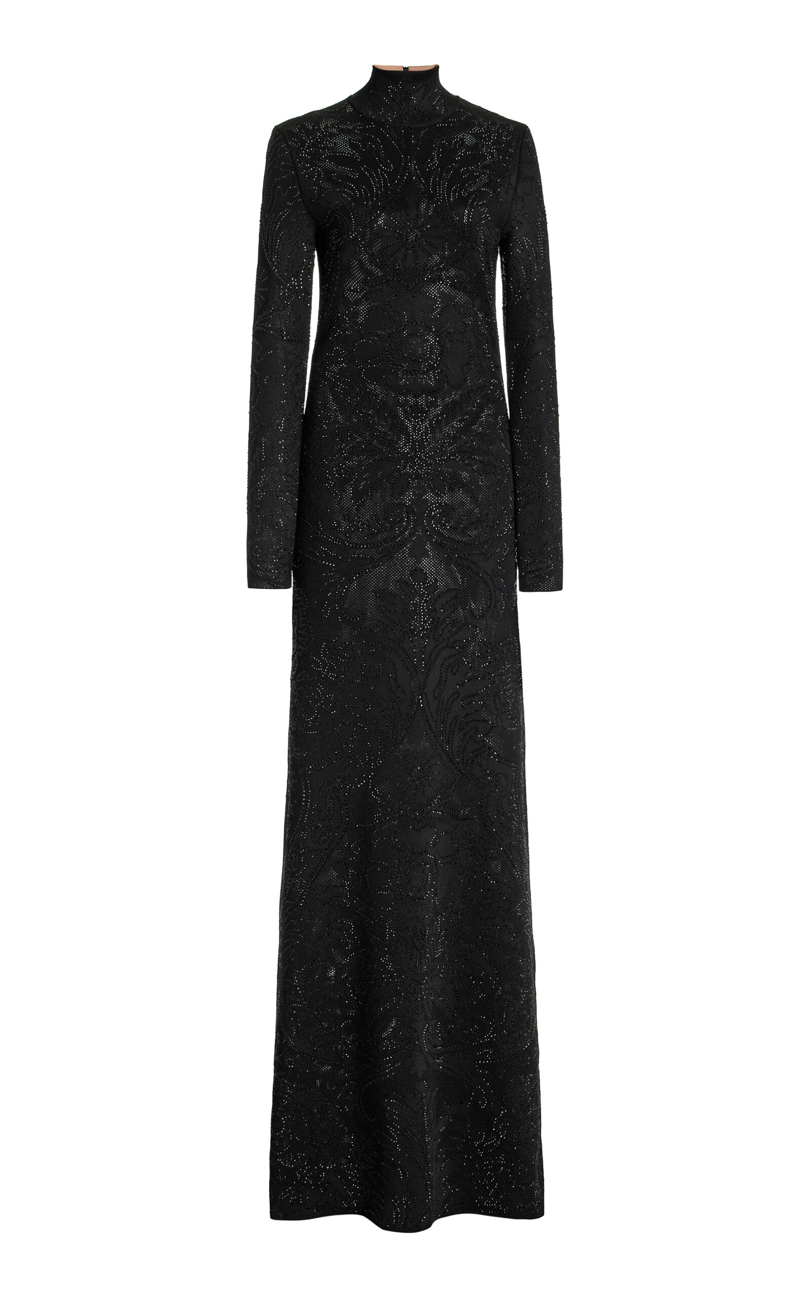 Carolina Herrera Metallic Embroidered Floral Long Sleeve Knit Gown in Black  | Smart Closet