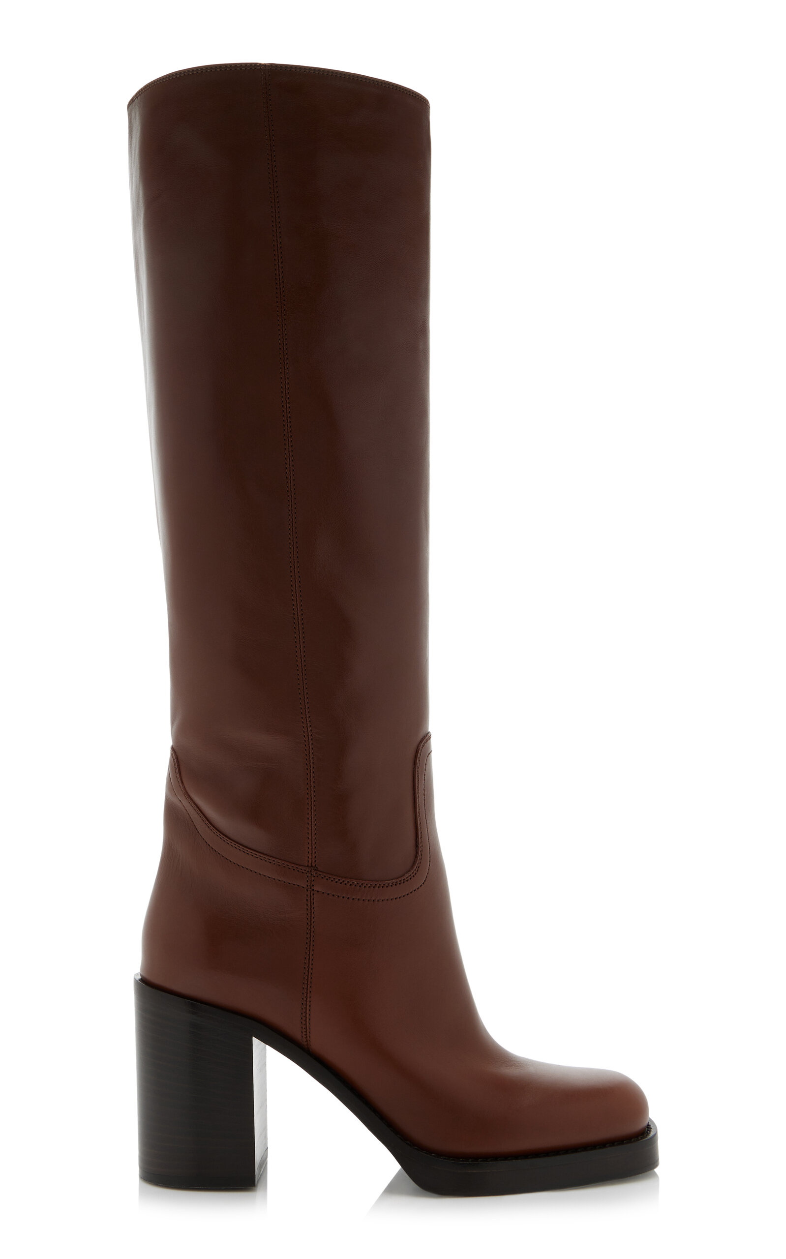 Prada Leather Heeled Knee Boots In Brown
