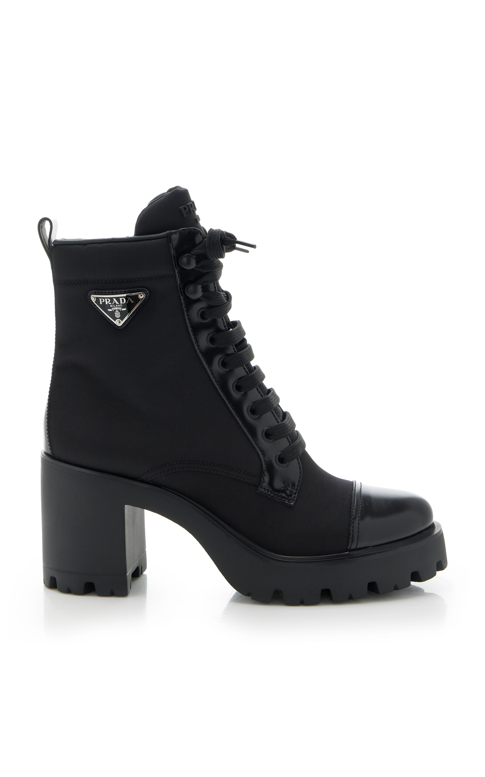 Shop Prada Monolith Leather And Nylon Ankle Boots In Black