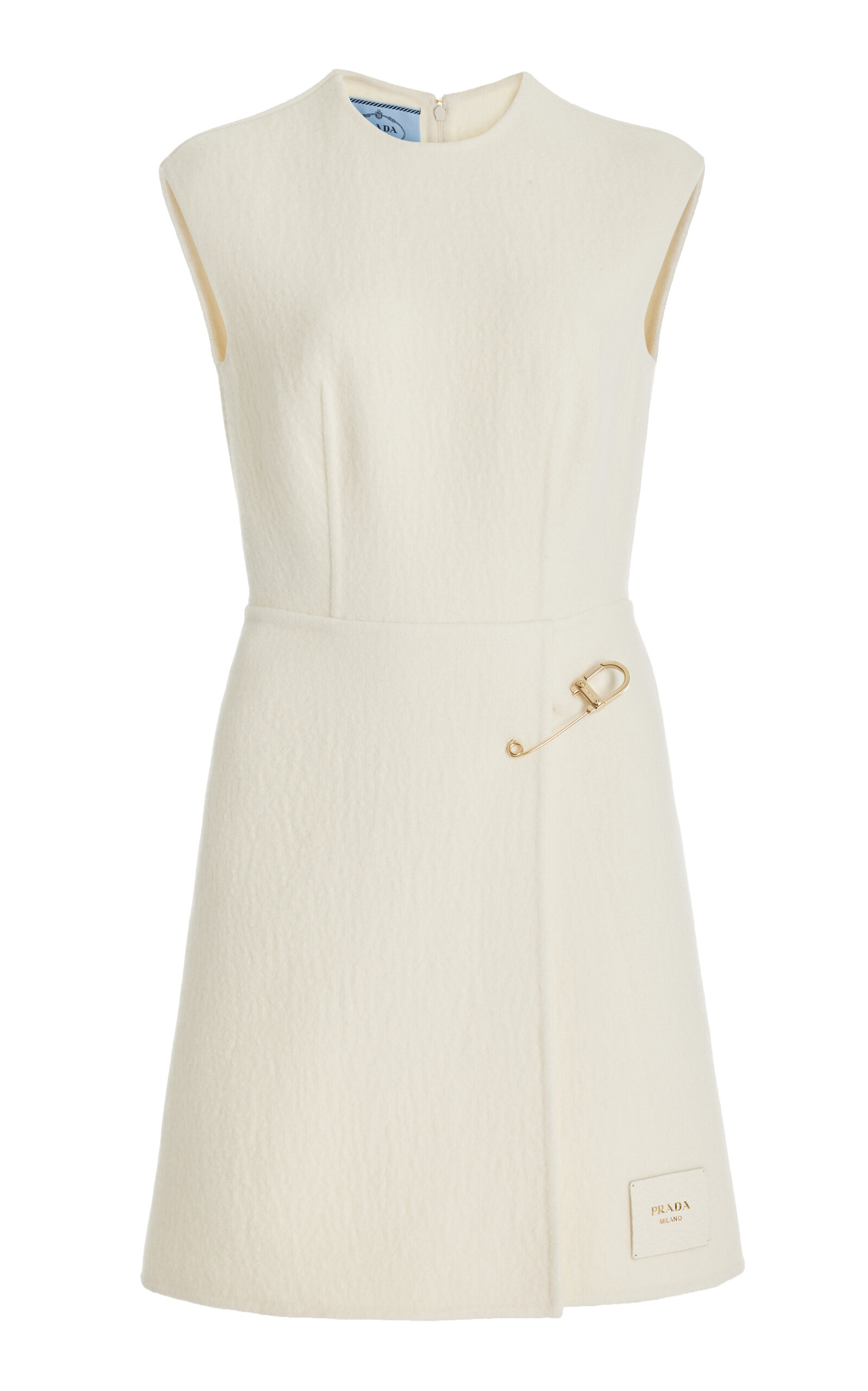 Prada Womens Avorio Safety-pin Logo-patch Wool-blend Shift Dress In Ivory