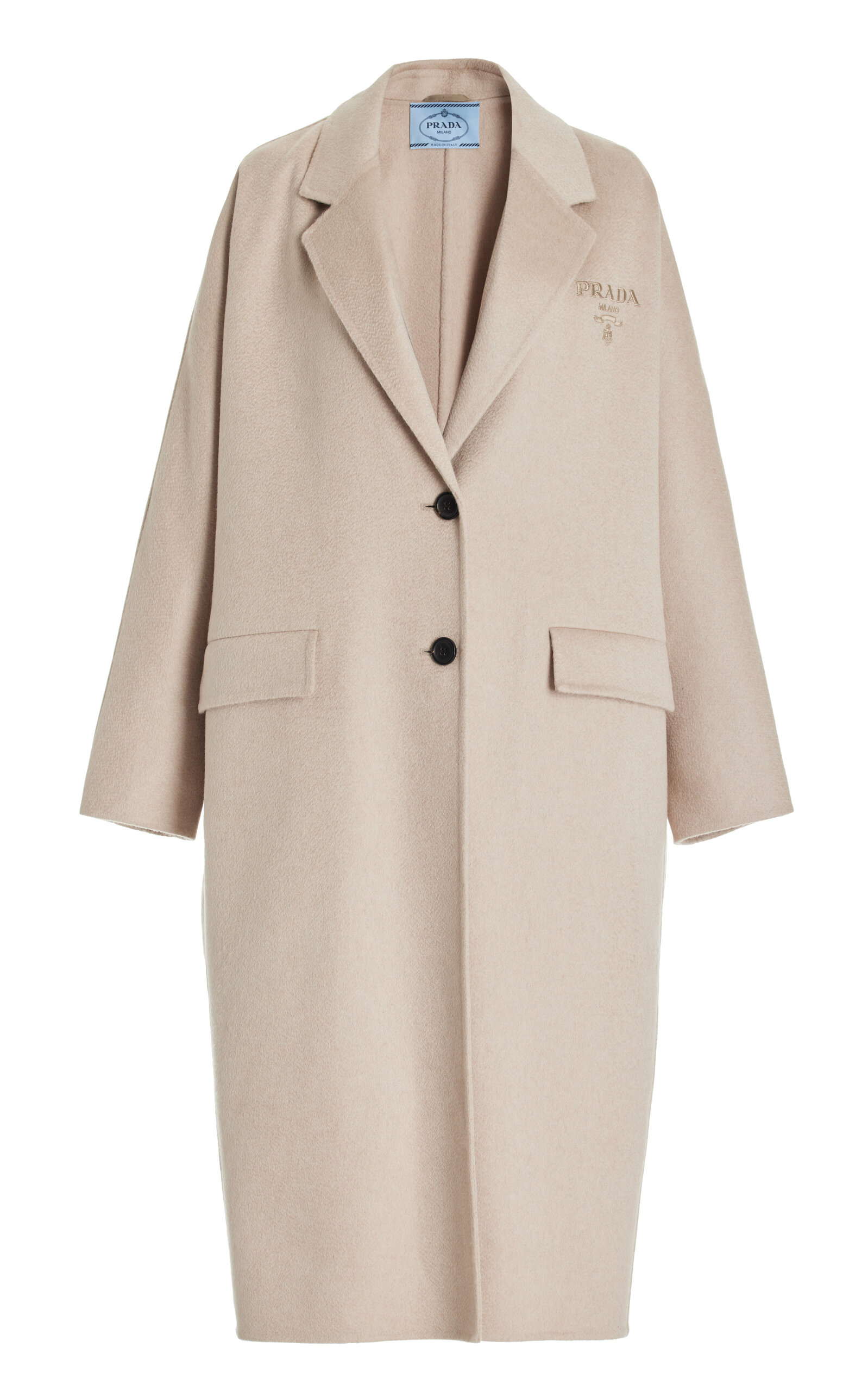 Prada Logo-embroidery Cashmere Coat In Neutral