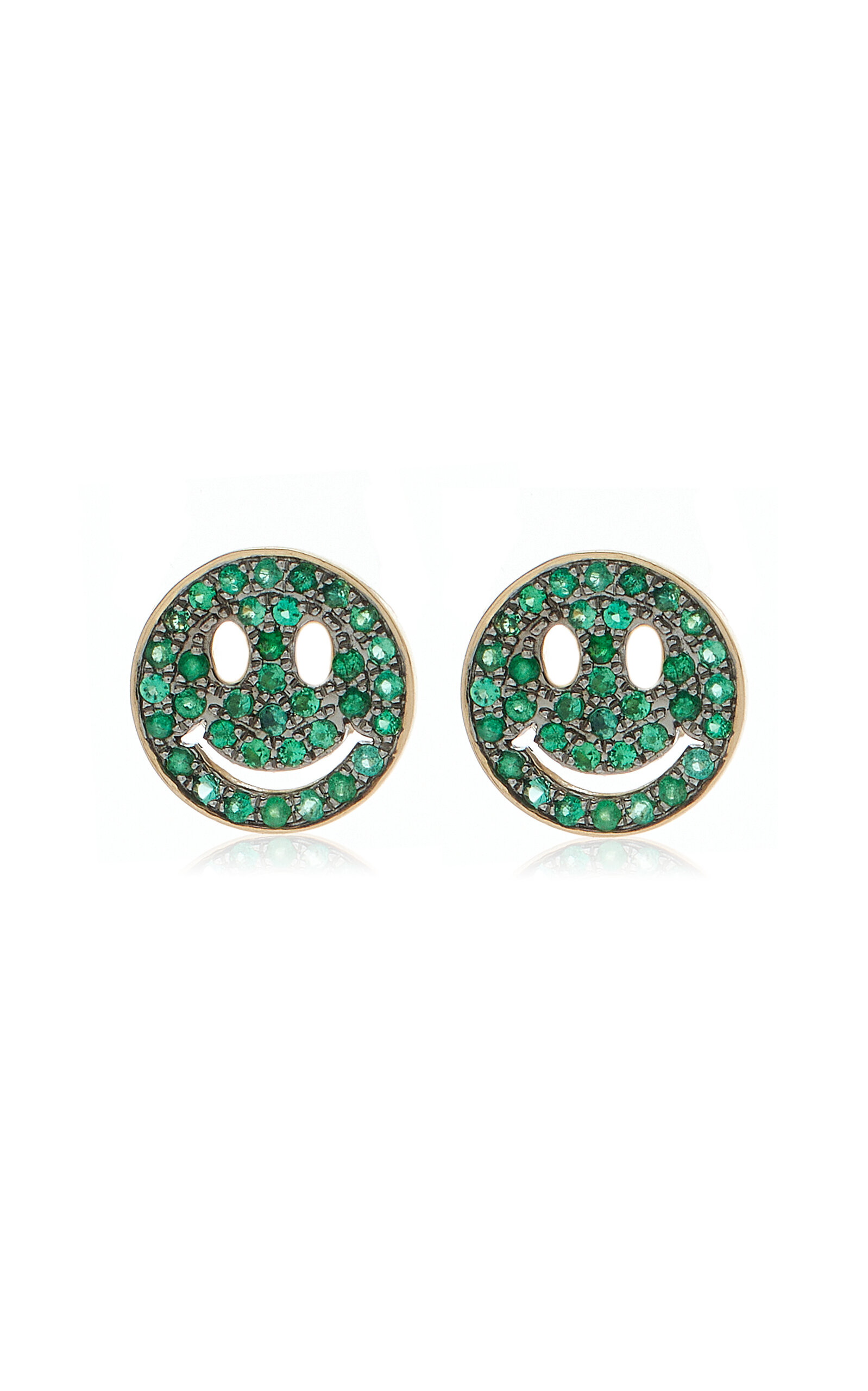 Sydney Evan Happy Face 14k Yellow Gold Emerald Earrings In Green