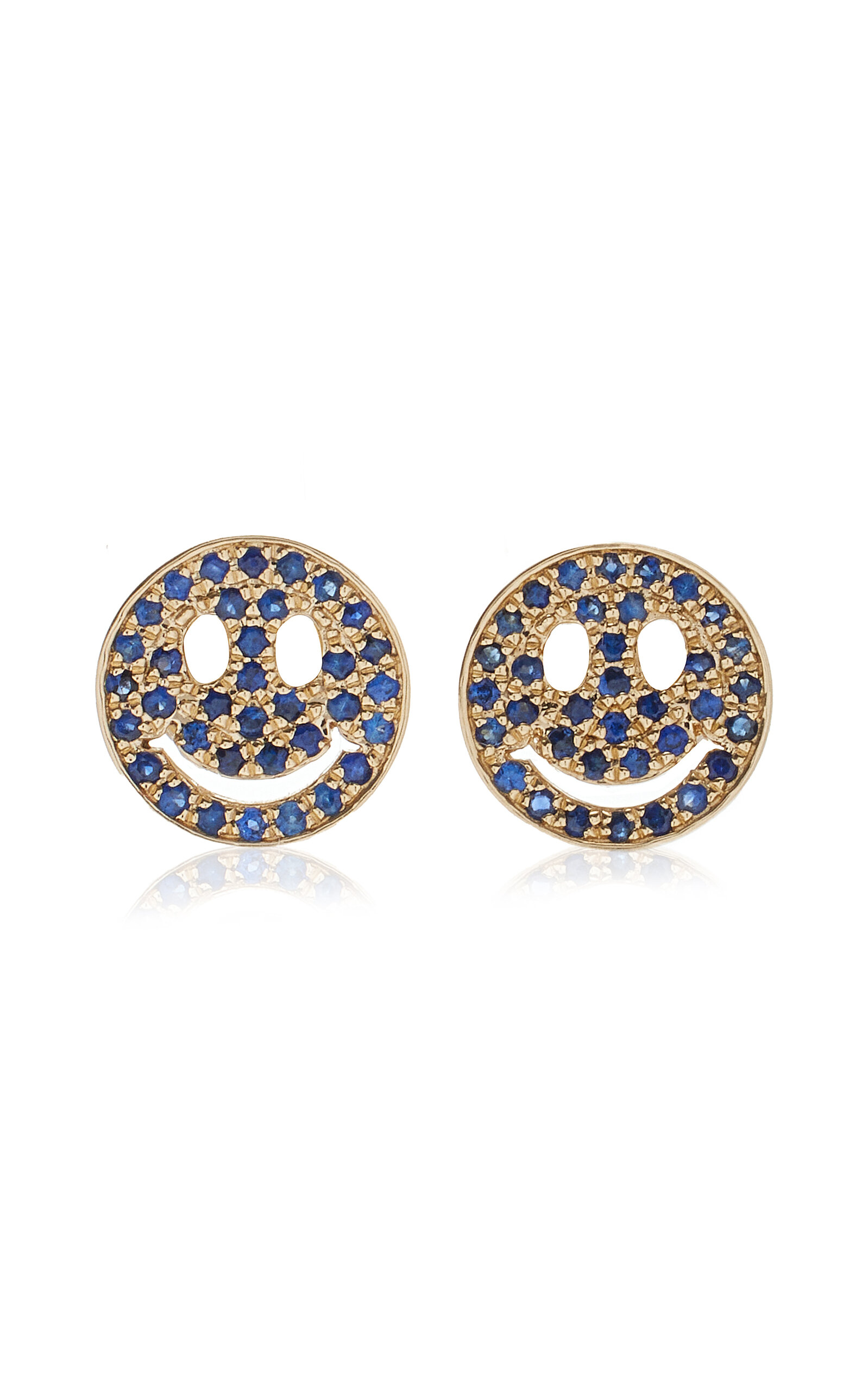 Sydney Evan Happy Face 14k Yellow Gold Sapphire Earrings In Blue