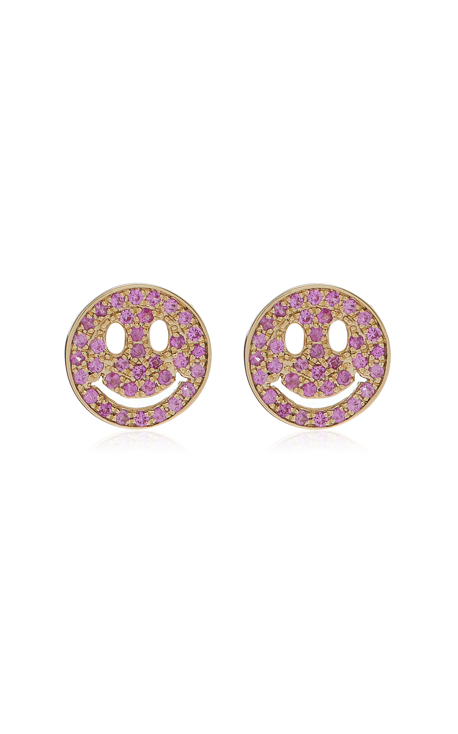Sydney Evan Happy Face 14k Yellow Gold Sapphire Earrings In Pink