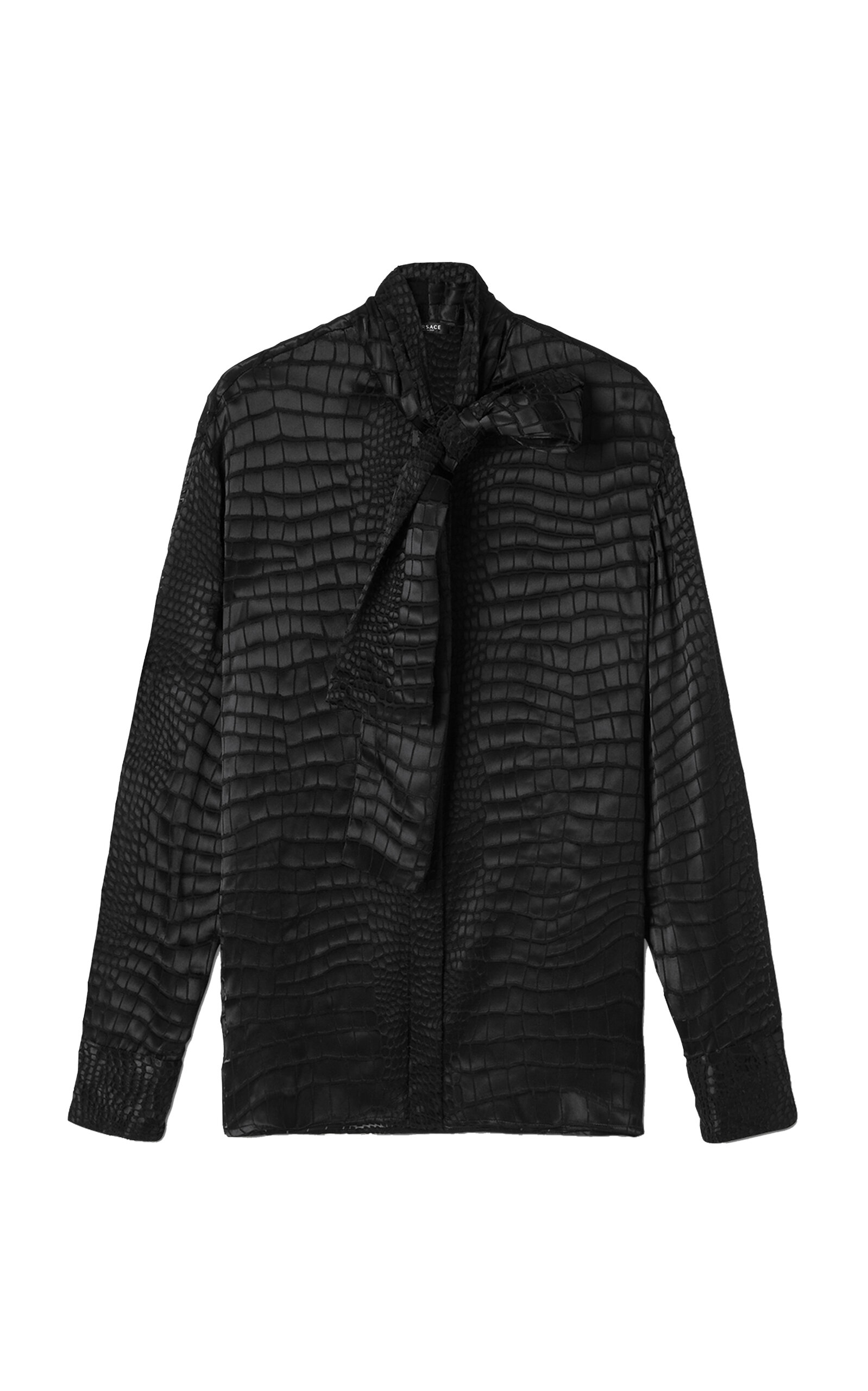 Shop Versace Croc-patterned Devoré Tie-neck Shirt In Black