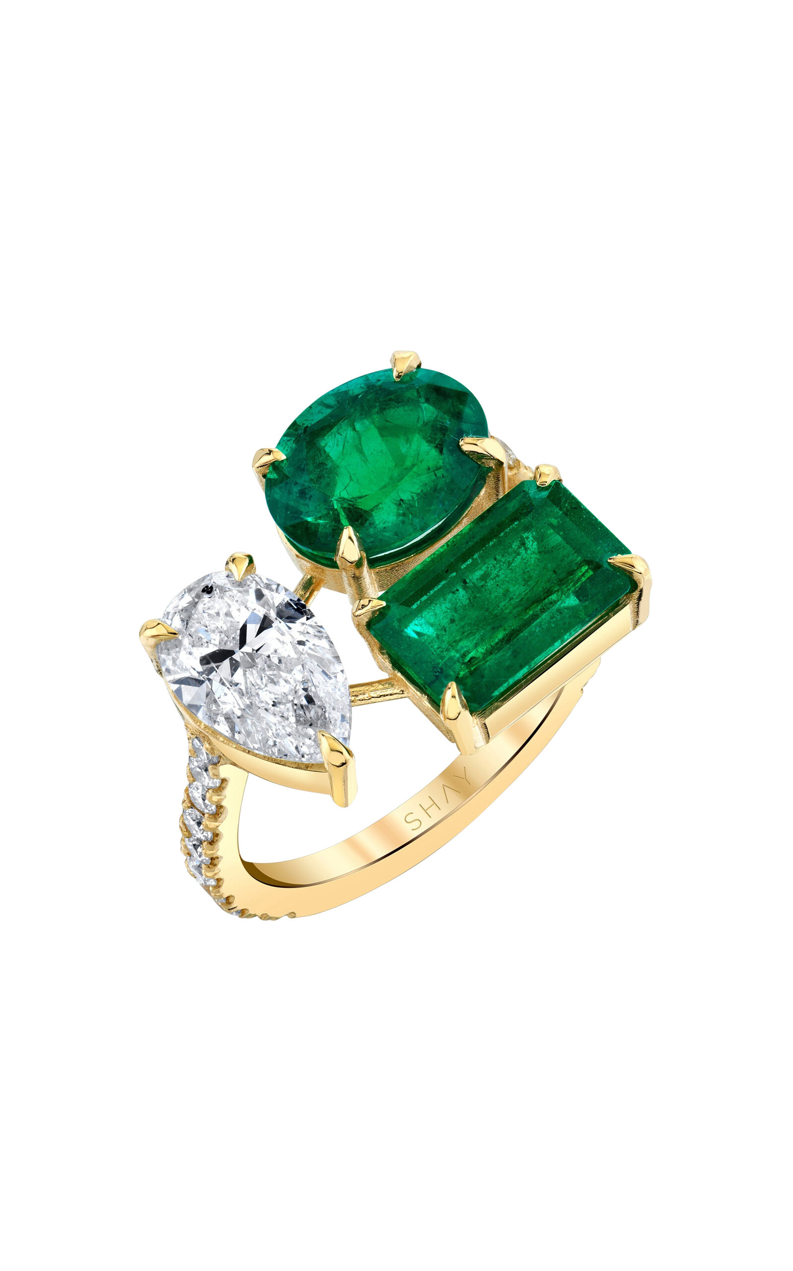 Shay 18k Yellow Gold Emerald & Diamond Triple Threat Ring In Green