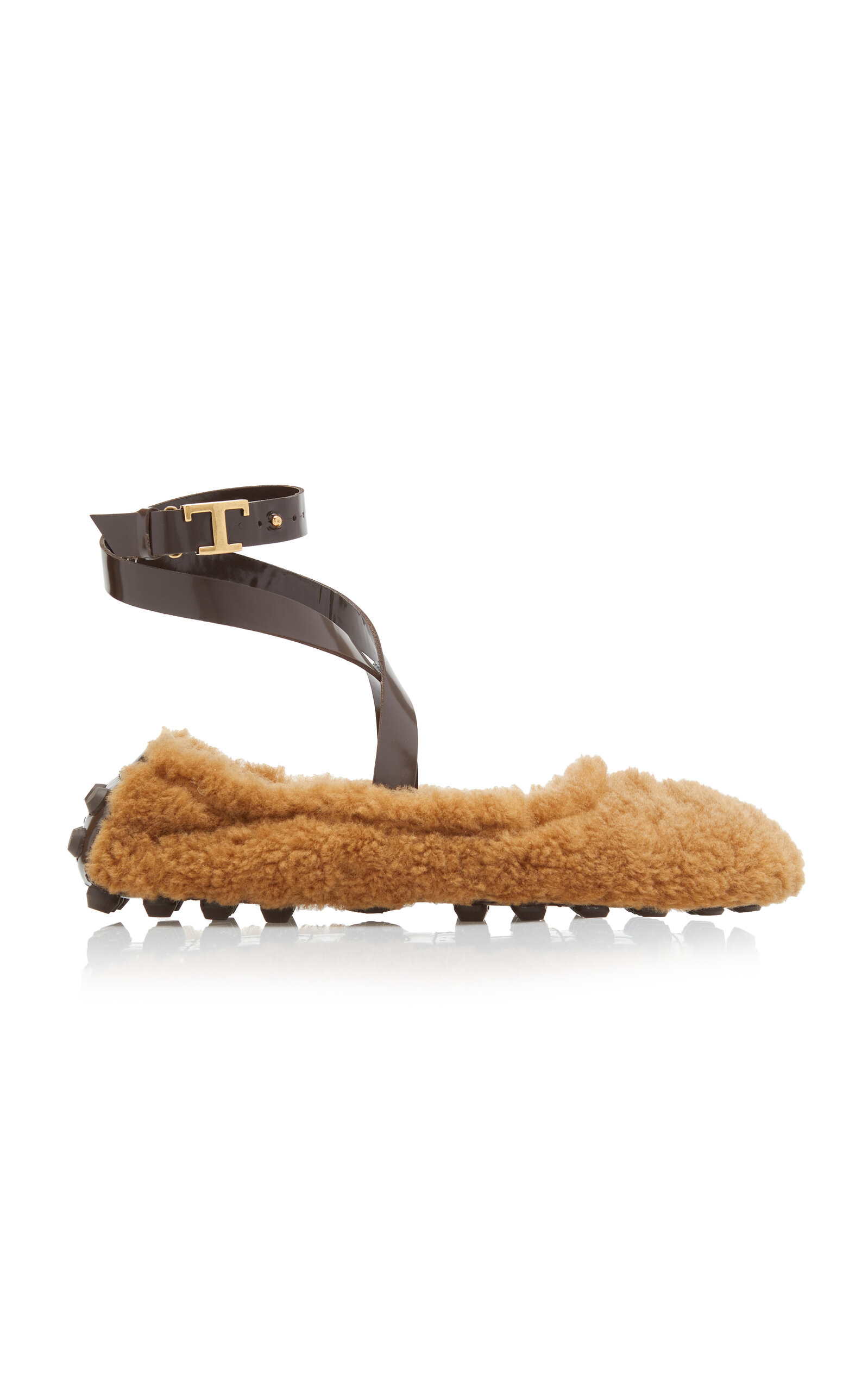 TOD'S ANKLE STRAP BUBBLE BALLERINA SHEARLING FLATS