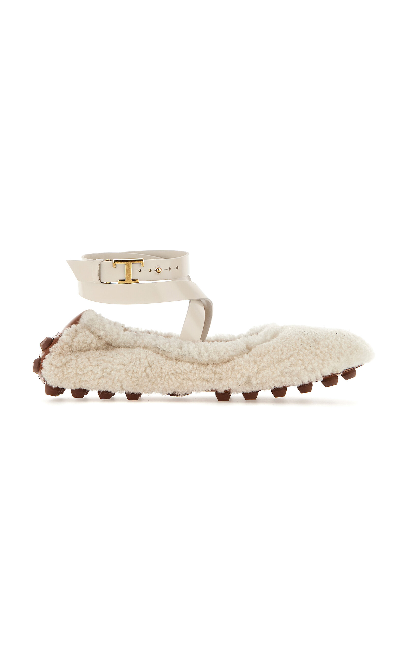 Tod's Women's Ankle Strap Bubble Ballerina Shearling Flats In Off-white