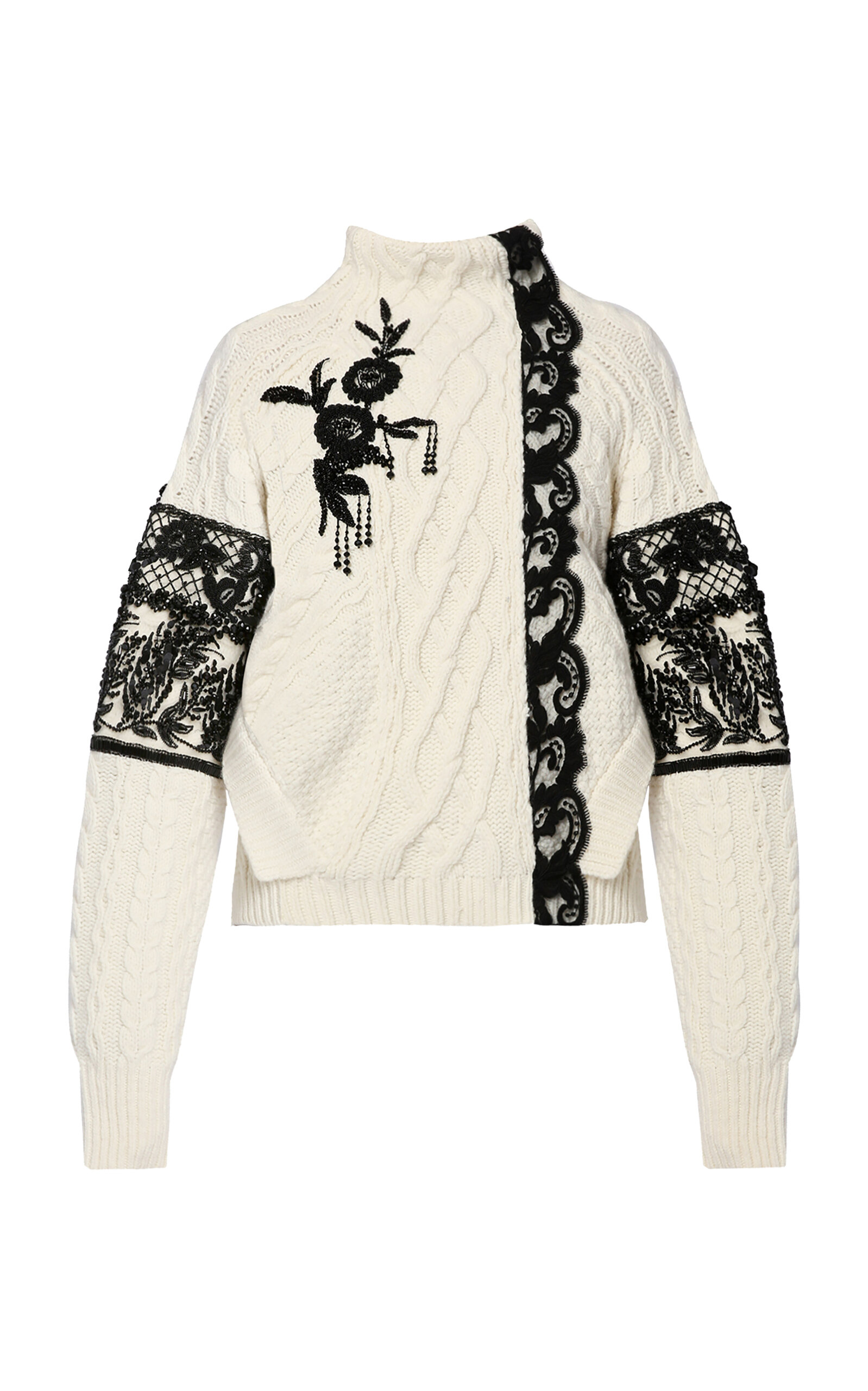 Erdem Embroidered Wool-blend Cable Knit Sweater In Ivory