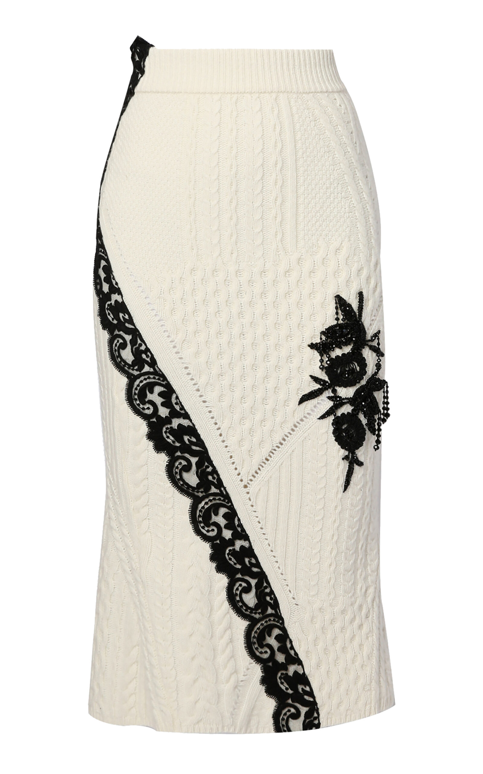 ERDEM EMBROIDERED WOOL-BLEND CABLE KNIT MIDI SKIRT