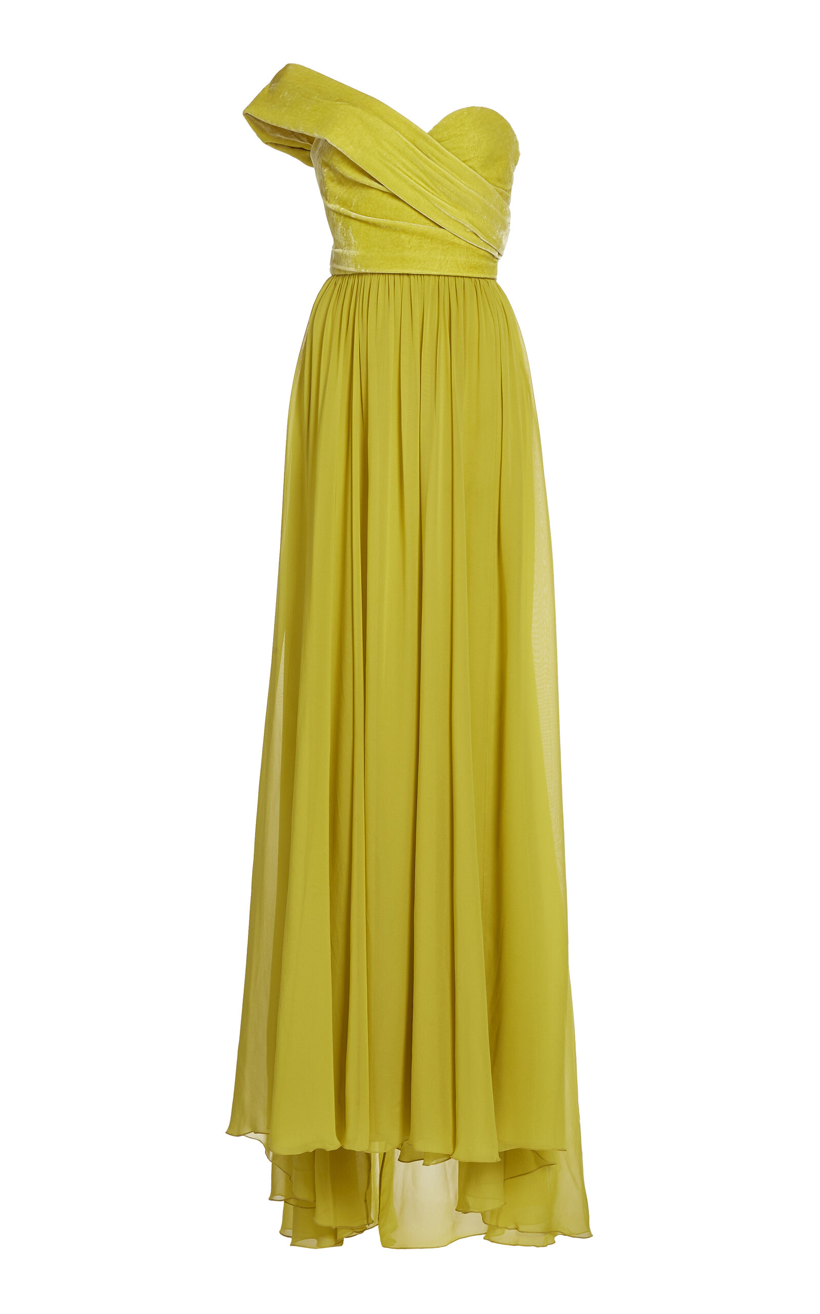 Elie Saab Asymmetric Silk And Velvet Gown In Yellow