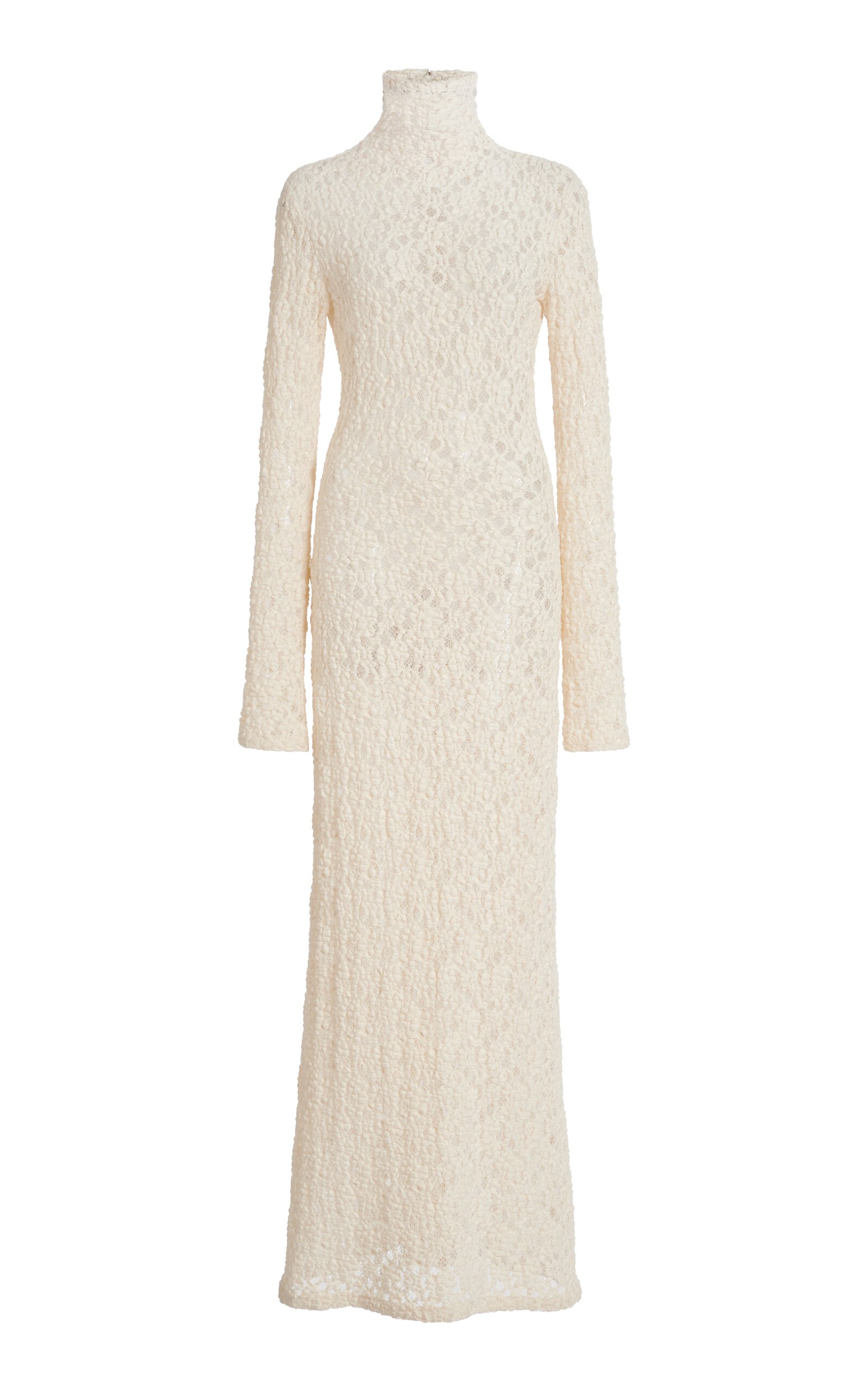 Chloé Turtleneck Long-sleeve Smocked Lace Gown In Ivory
