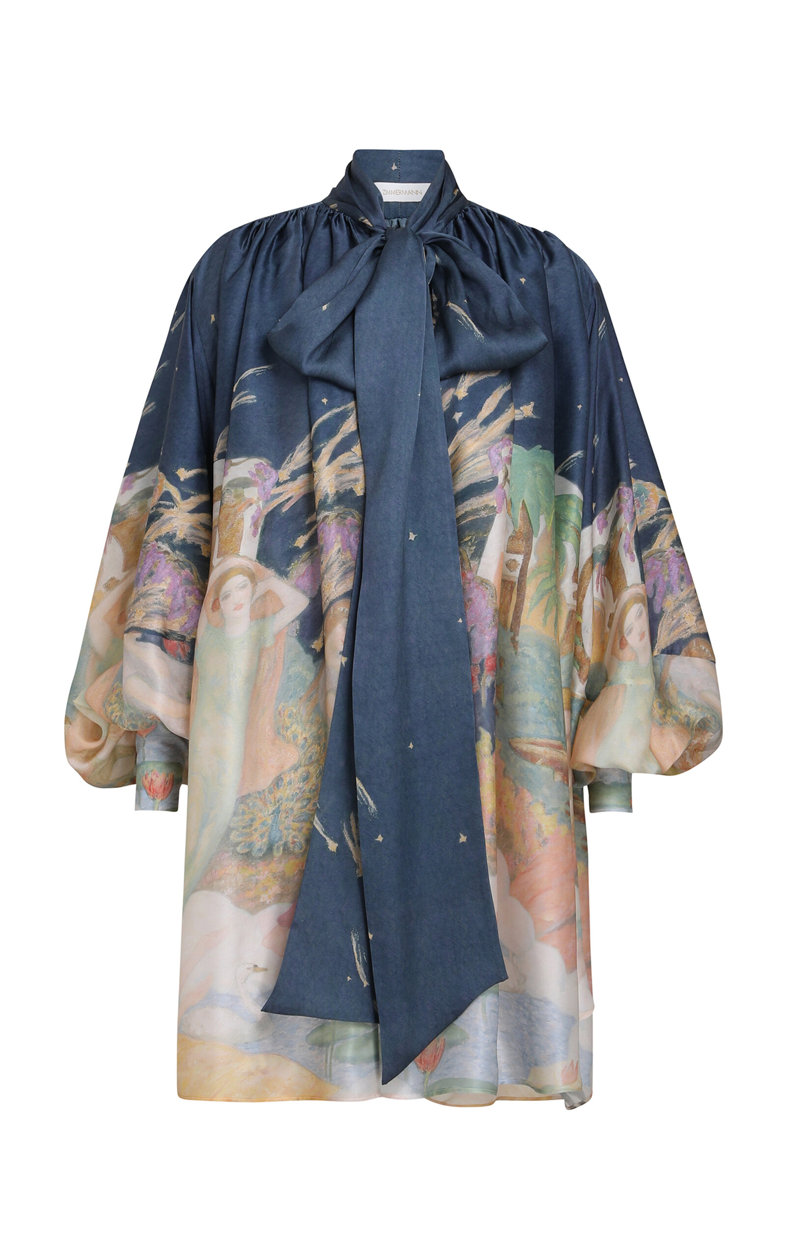 Zimmermann Pussy-bow Printed Silk-satin Mini Dress In Navy