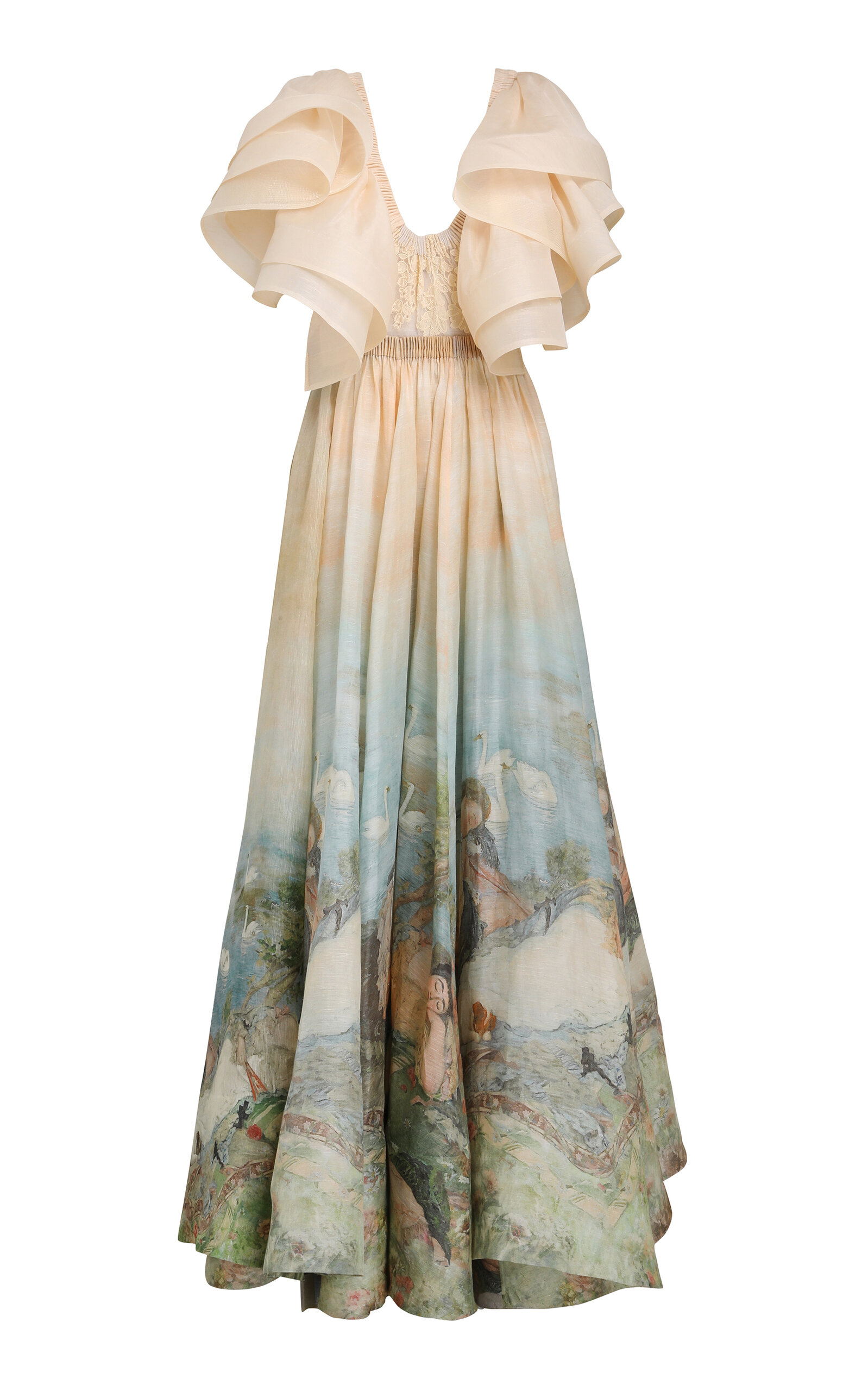 Zimmermann Lyrical Frilled Linen-silk Gown In Print