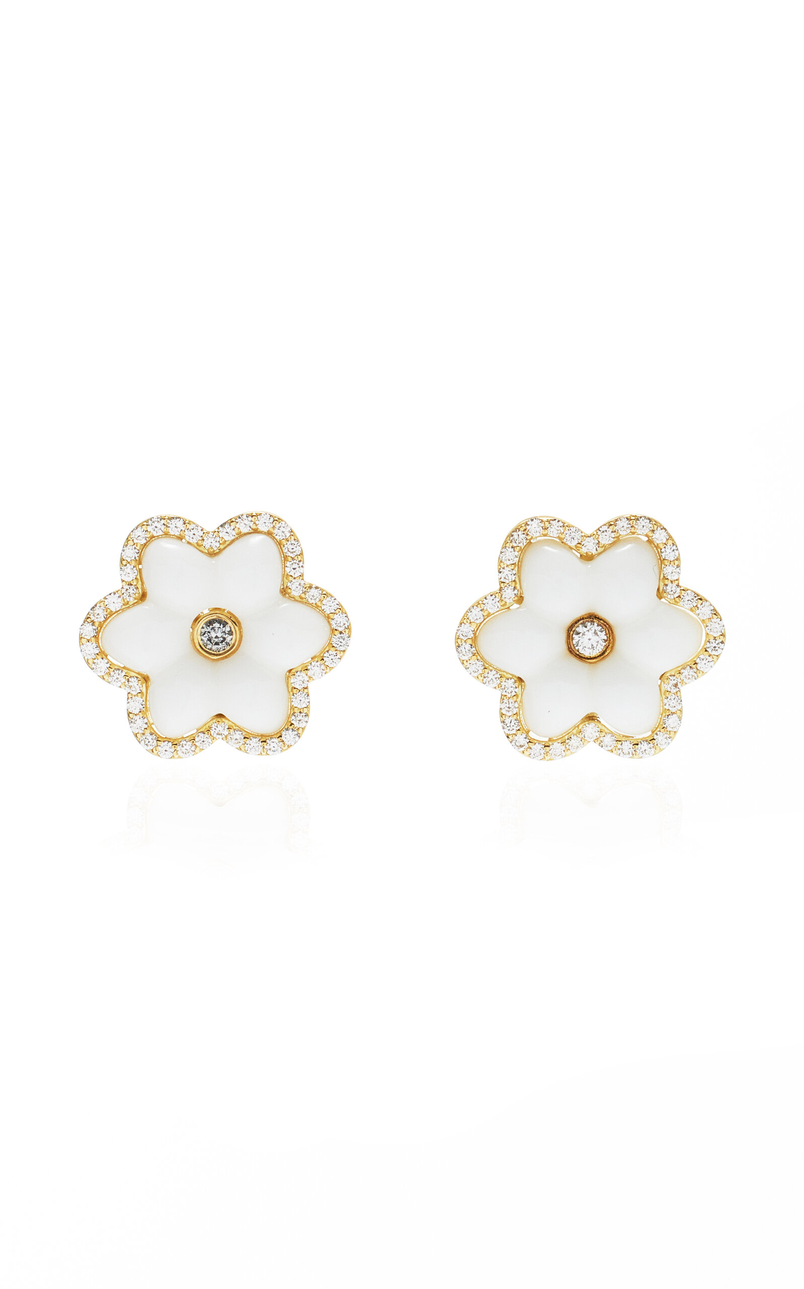 Ashley Mccormick 18k Gold Pave Fleur Stud Earrings In White