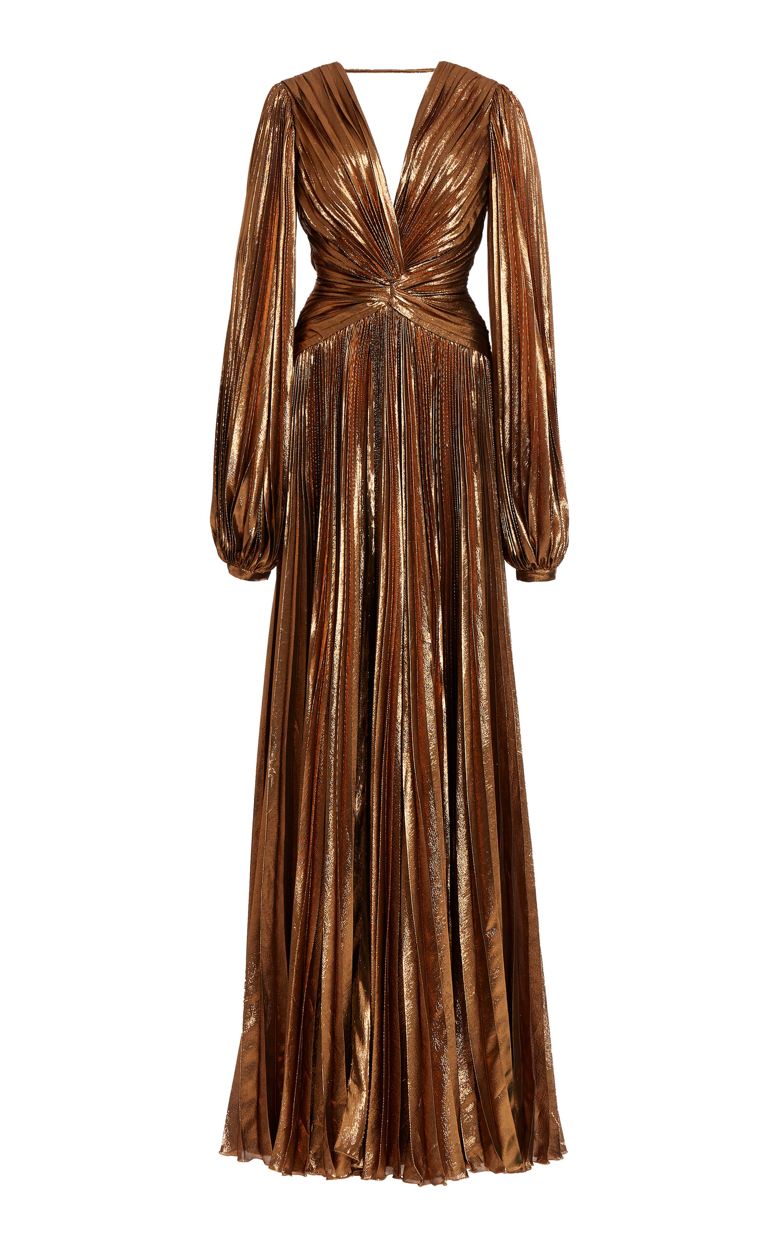 slim fit dress slacks Mac Duggal Women's Pleated Metallic V Neck Gown with Ruffle Detail - Gold - Size 14