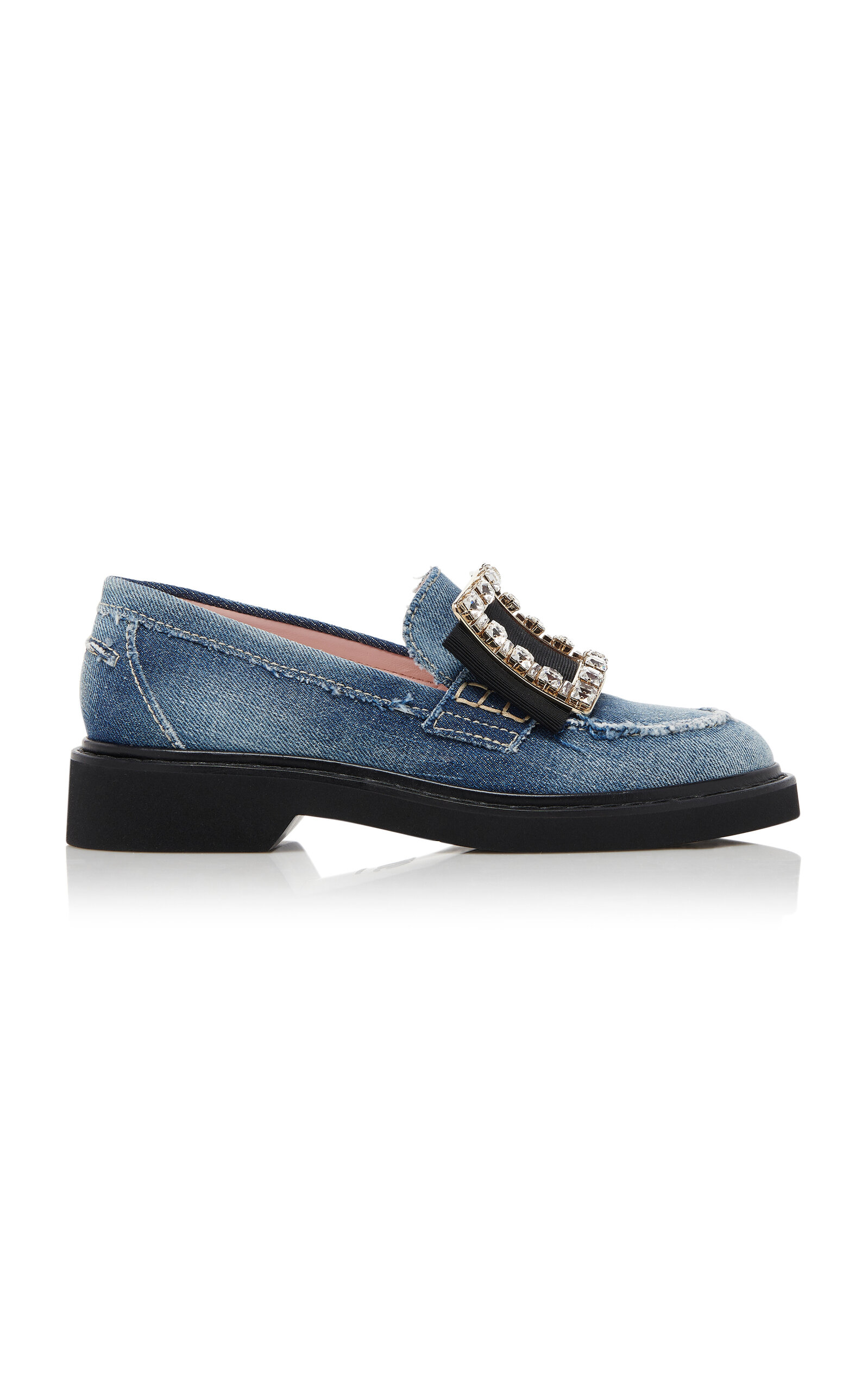 Shop Roger Vivier Viv Rangers Buckle Denim Loafers In Blue