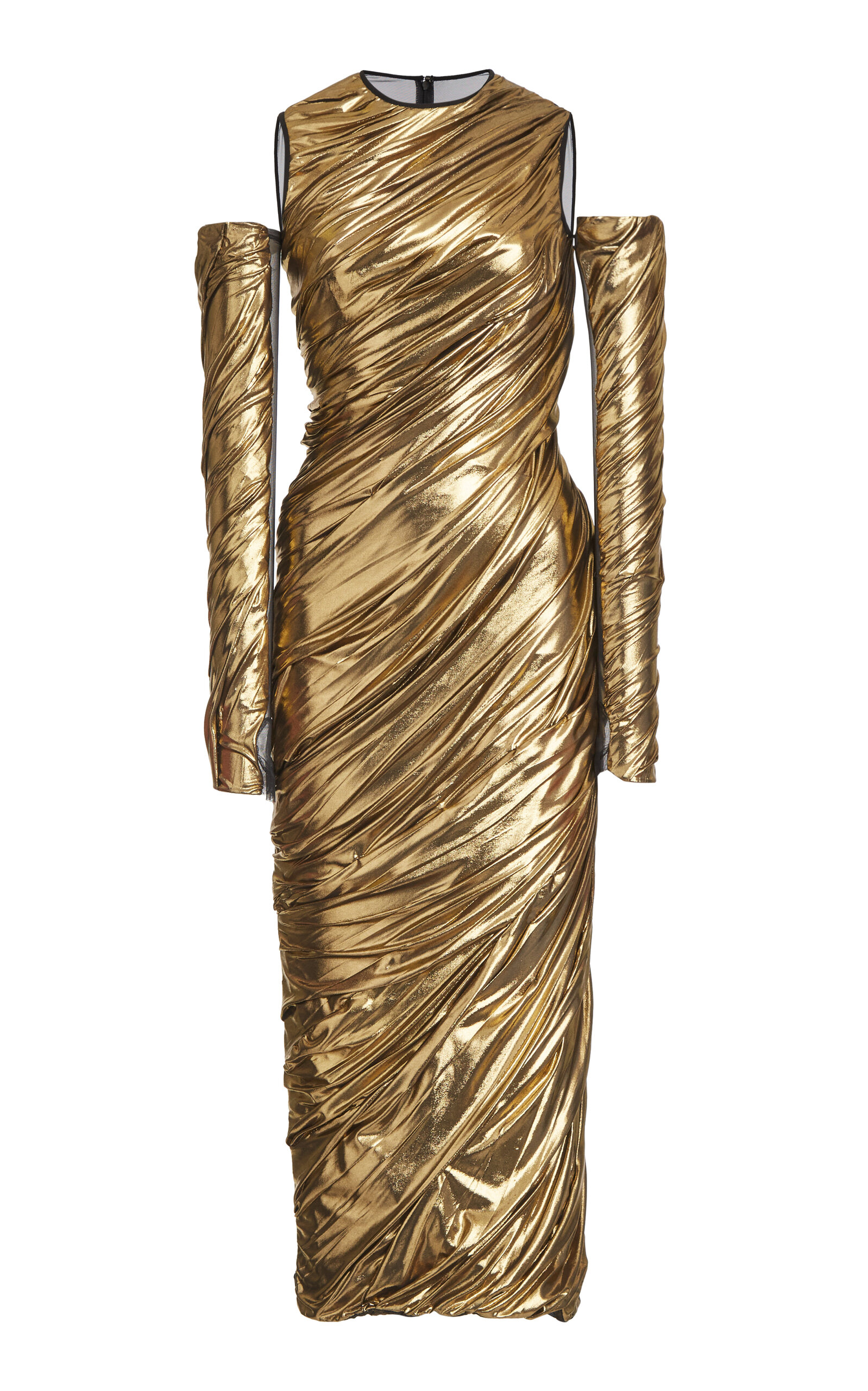 Dolce & Gabbana Foiled Organzine Calf-length Dress With Gloves In Gold