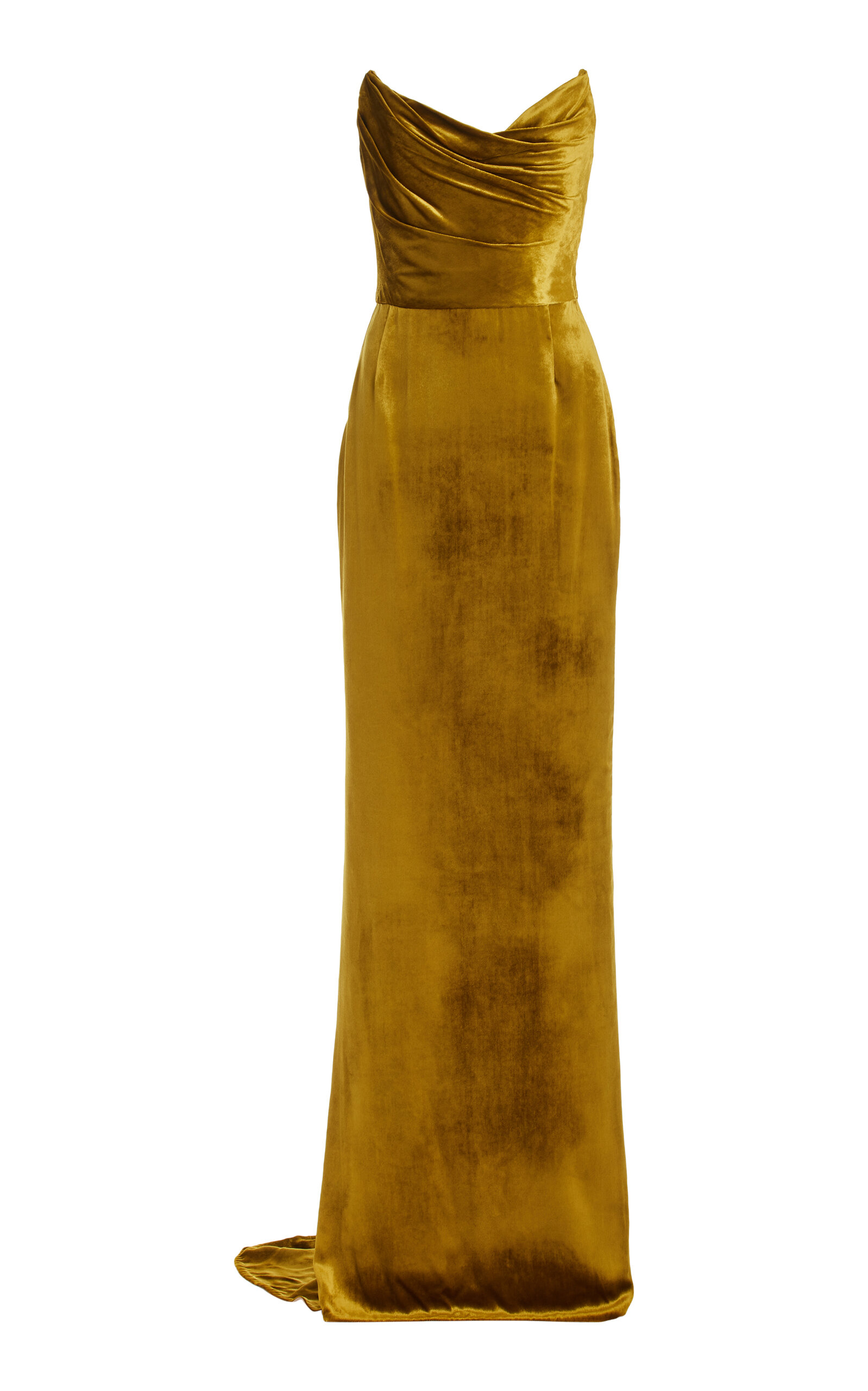 Marchesa Draped Silk-velvet Gown In Gold