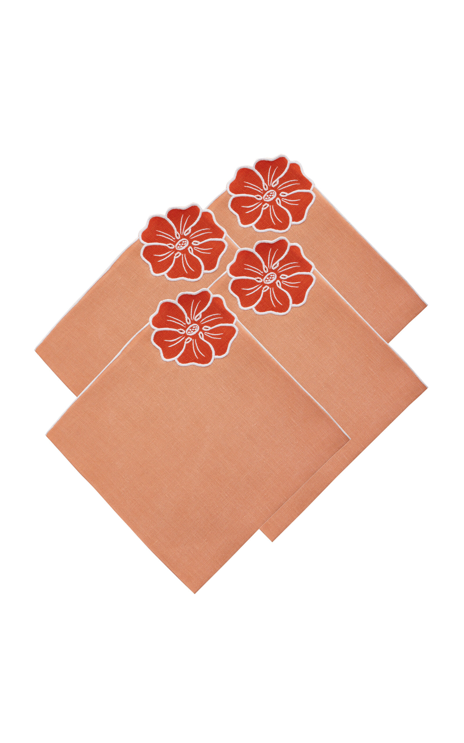 Atelier Houria Tazi Fleur Set-of-four Embroidered Linen Napkins In Orange