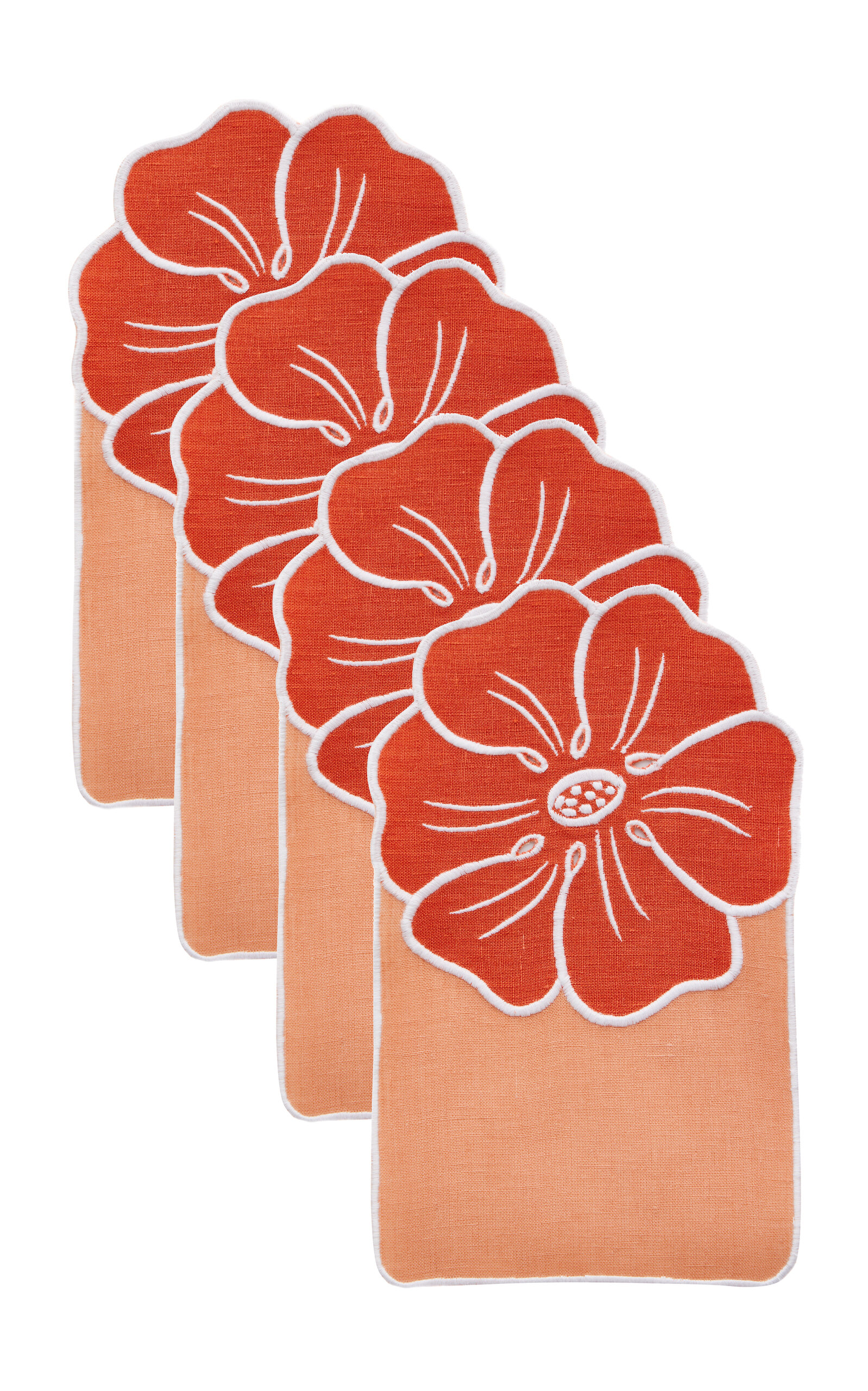 Atelier Houria Tazi Fleur Set-of-four Embroidered Linen Cocktail Napkins In Orange